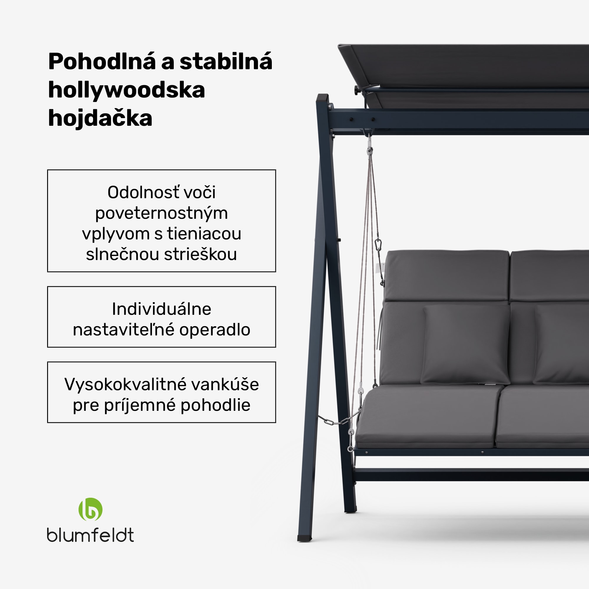 Blumfeldt FlexiSwing, hollywoodska hojdačka, 4-miestna, nastaviteľné operadlo, slnečná strieška, odolná voči poveternostným vplyvom – Obrázok 2