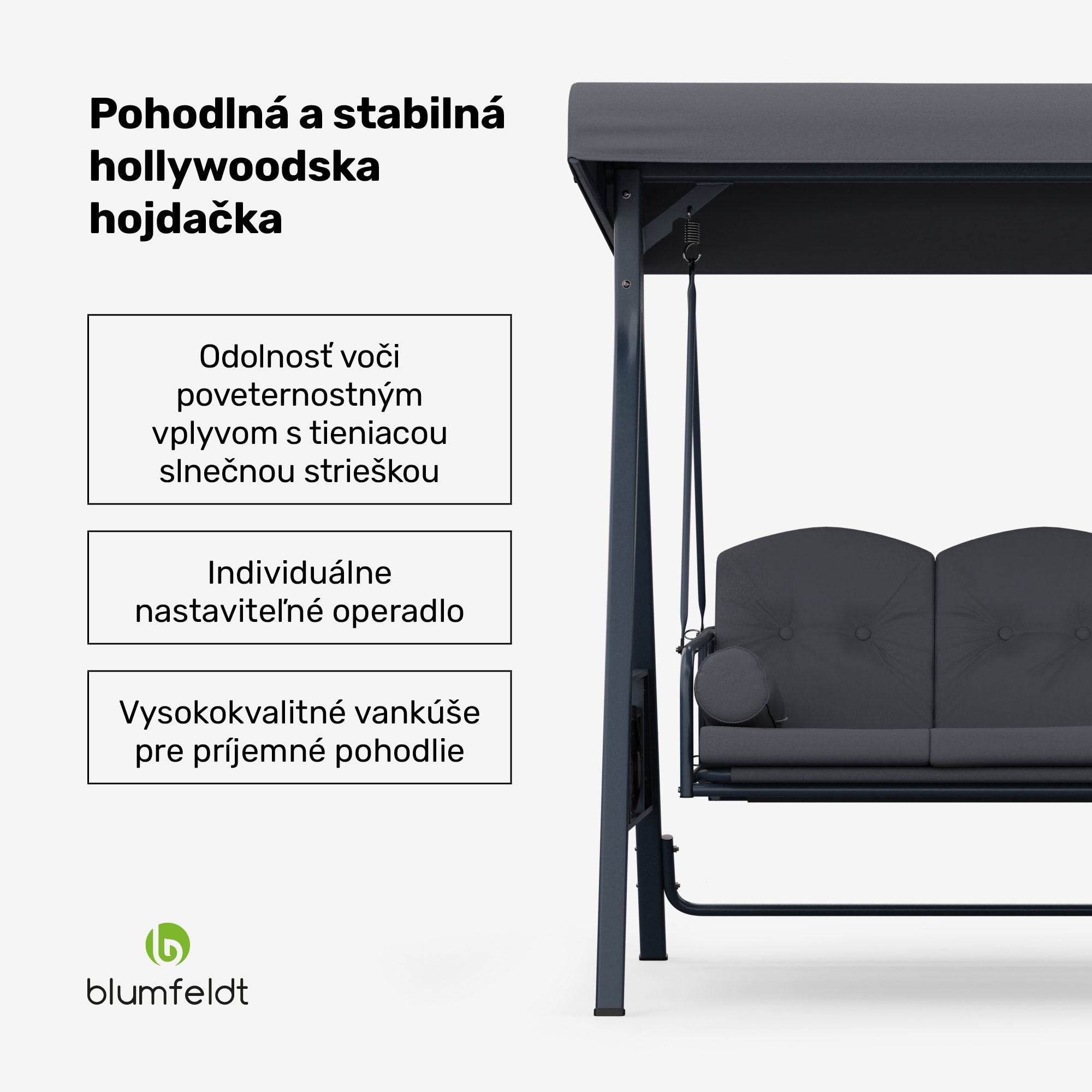Blumfeldt GranSway, hollywoodska hojdačka, 3-miestna, individuálne nastaviteľná, oceľ s práškovou povrchovou úpravou, odolná voči poveternostným vplyvom – Obrázok 2