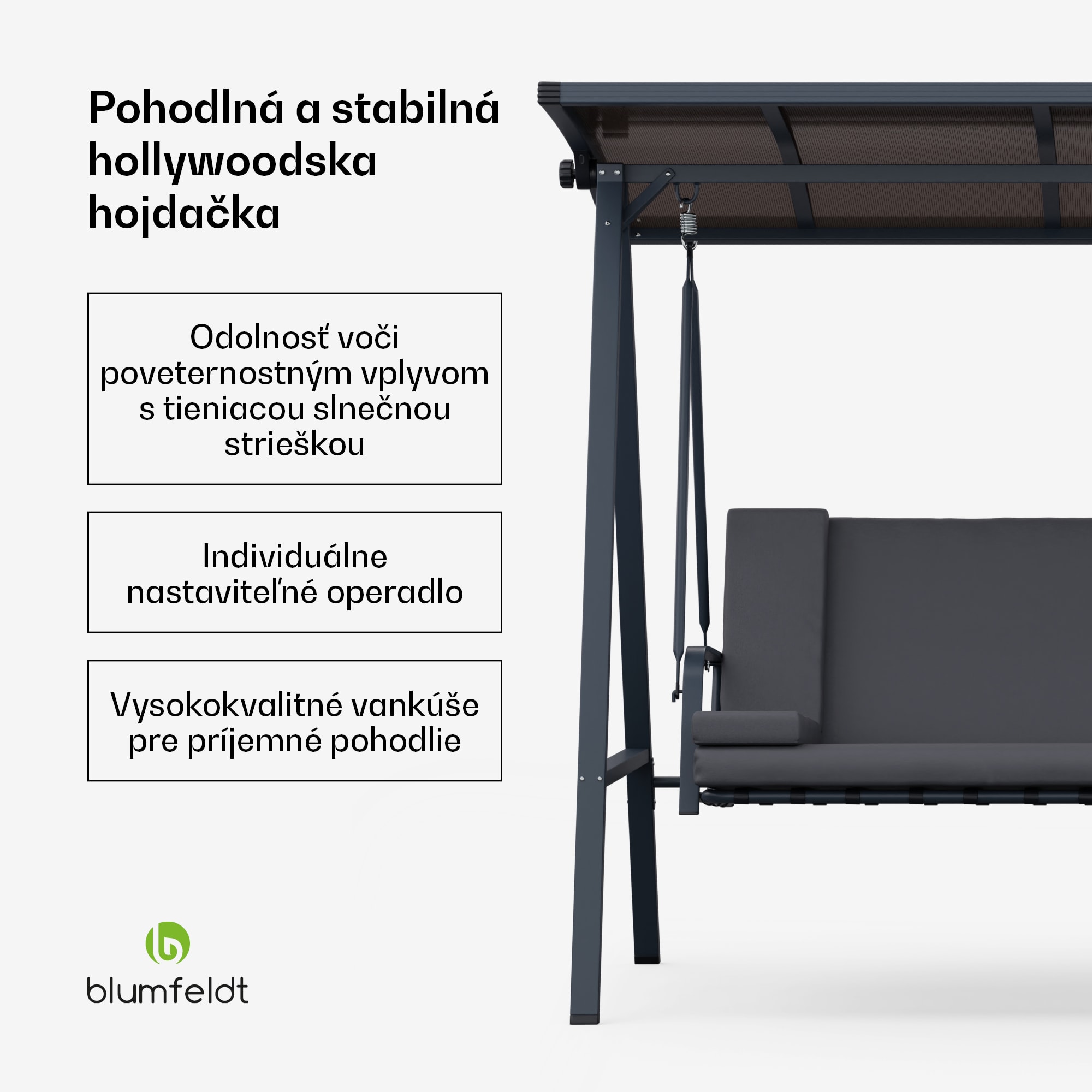 Blumfeldt LuxeLounge, hollywoodska hojdačka, 3-miestna, individuálne nastaviteľná, oceľ s práškovou povrchovou úpravou, odolná voči poveternostným vplyvom – Obrázok 2
