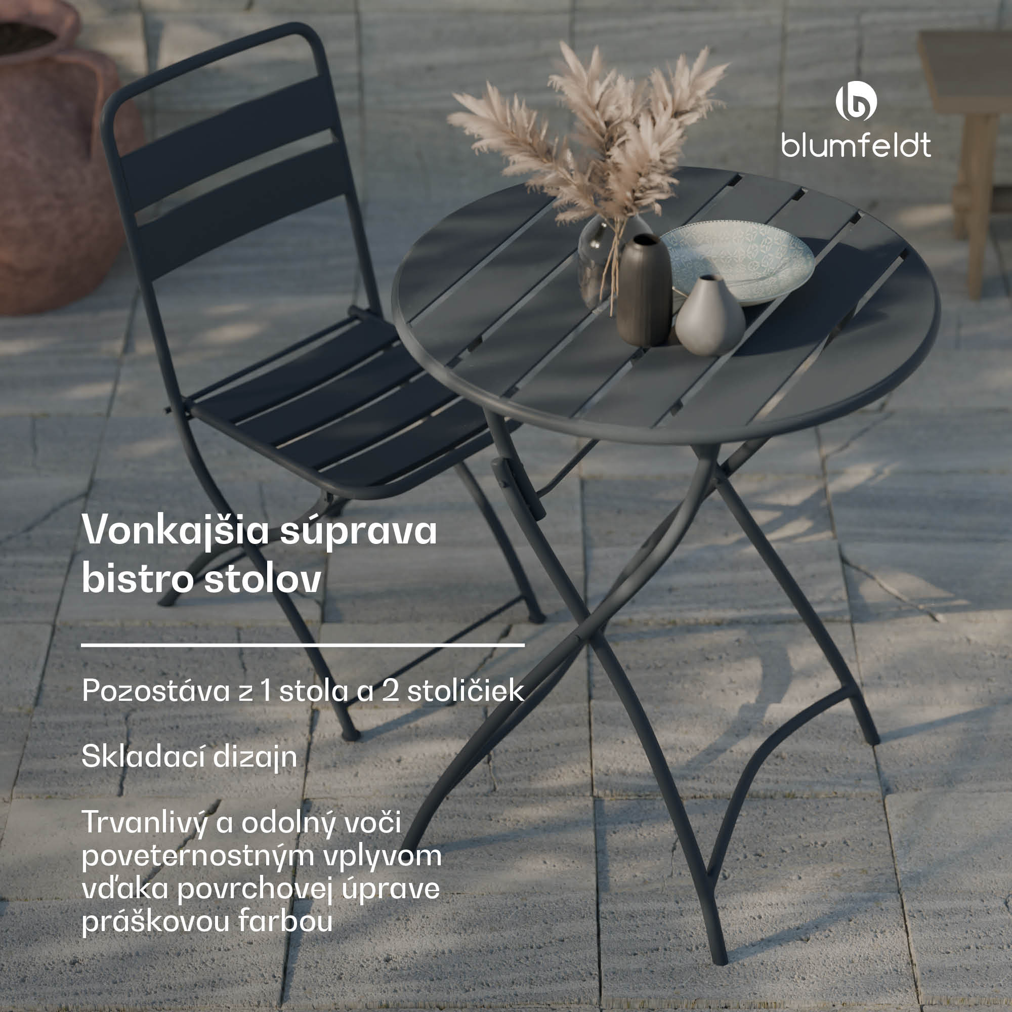 Blumfeldt RetroChic záhradná súprava | 1 stôl + 2 stoličky | 60 cm | skladací | povrchová úprava | odolný voči poveternostným vplyvom – Obrázok 2