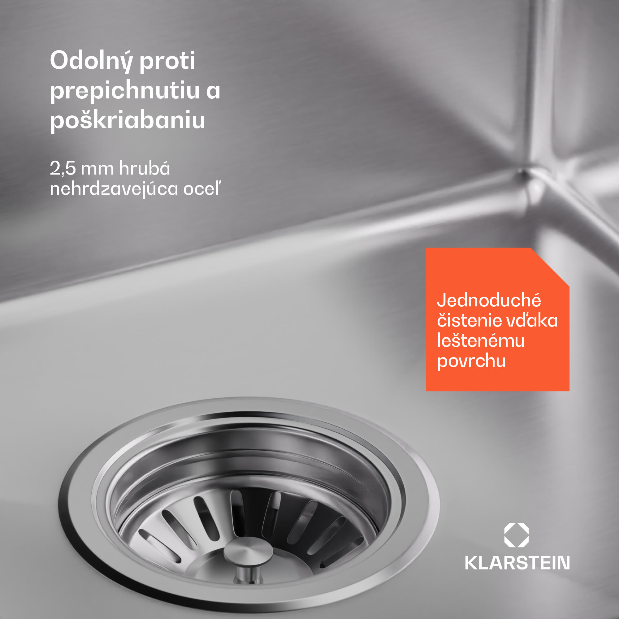 Klarstein TitanSteel Kuchynský drez 45 x 39 cm (DxŠ) s povrchom odolný voči hrdzi, poškriabaniu a teplu – Obrázok 4
