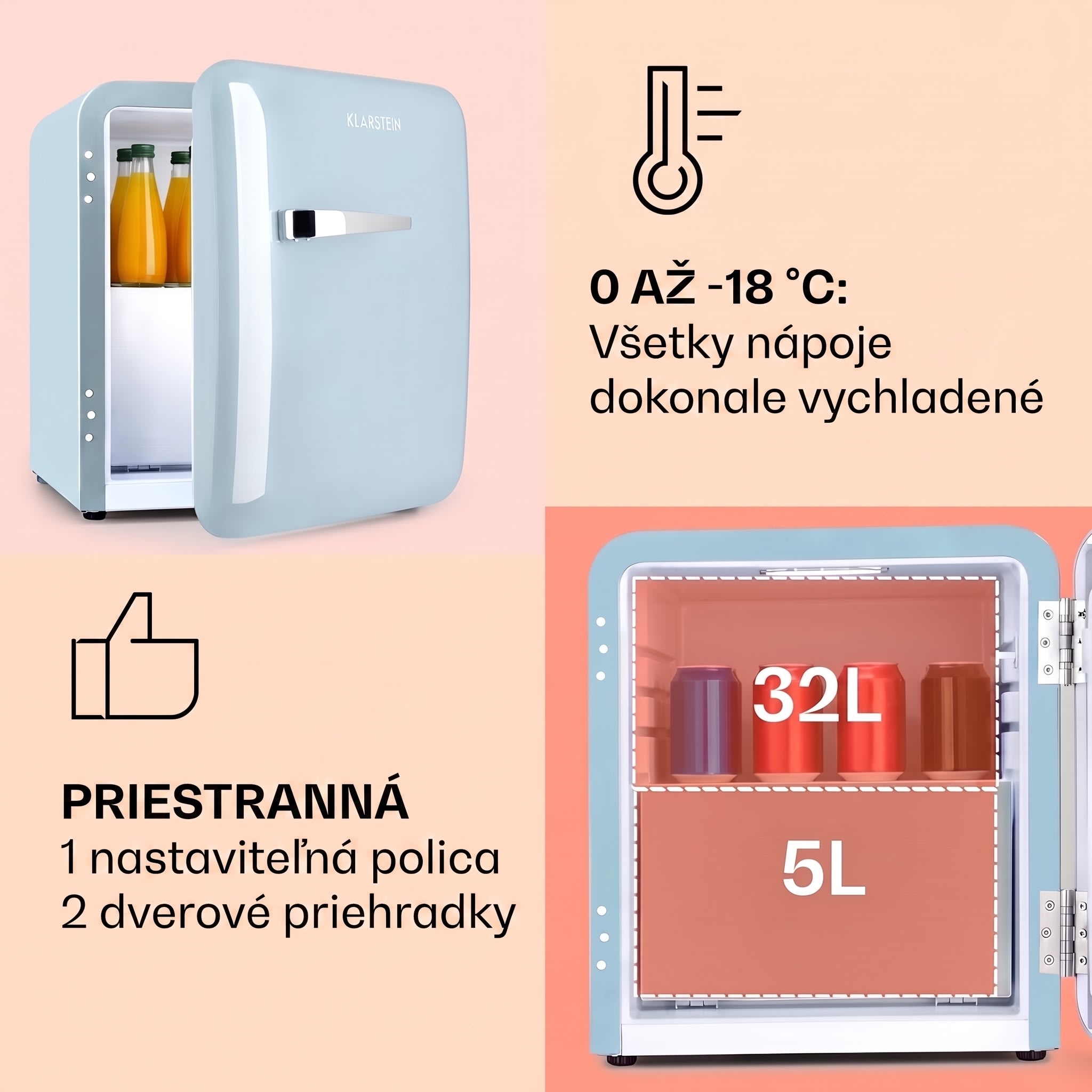 Klarstein Audrey, mini chladnička, energet. trieda E, mraziaci priečinok, LED – Obrázok 4
