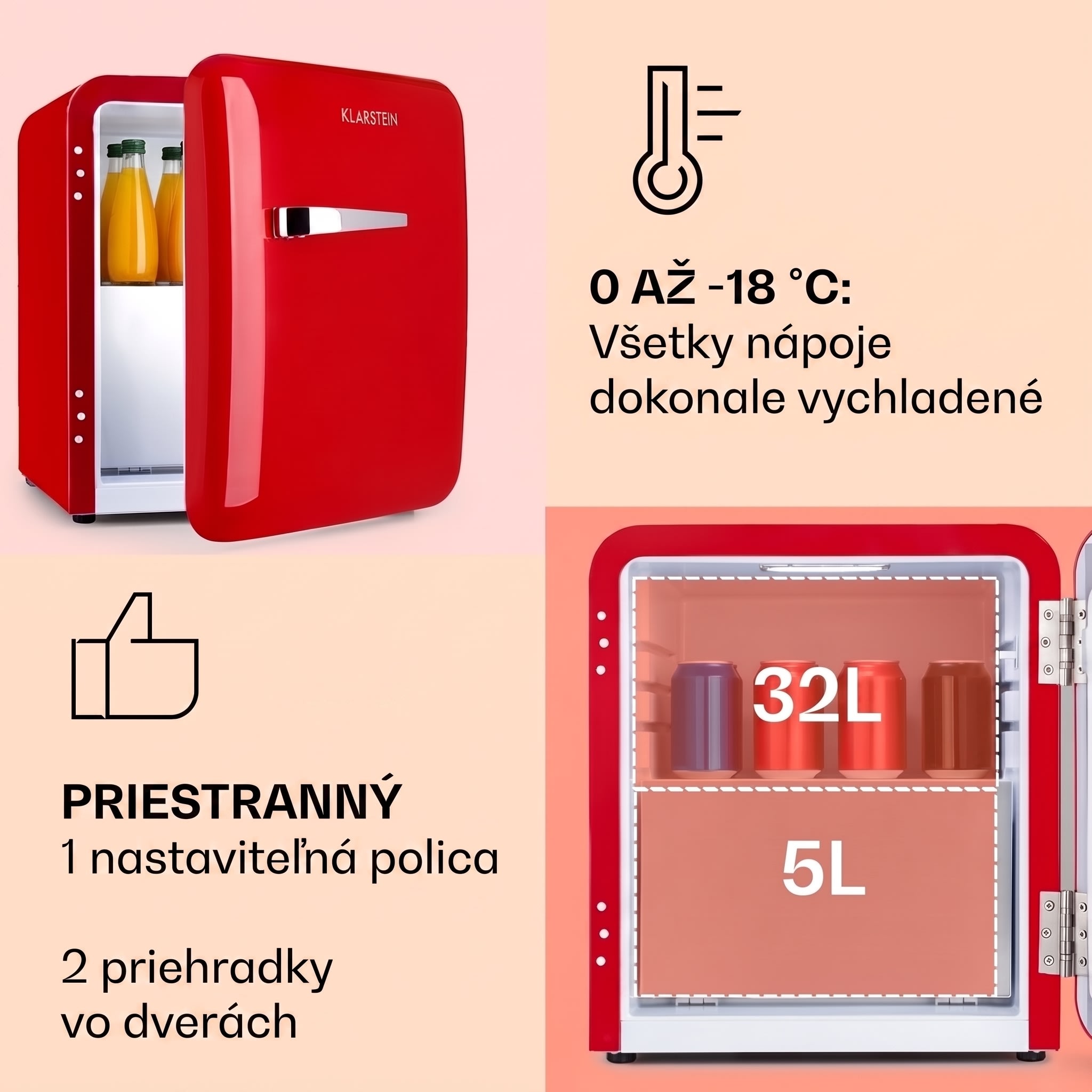 Klarstein Audrey, mini chladnička, energet. trieda E, mraziaci priečinok, LED – Obrázok 4