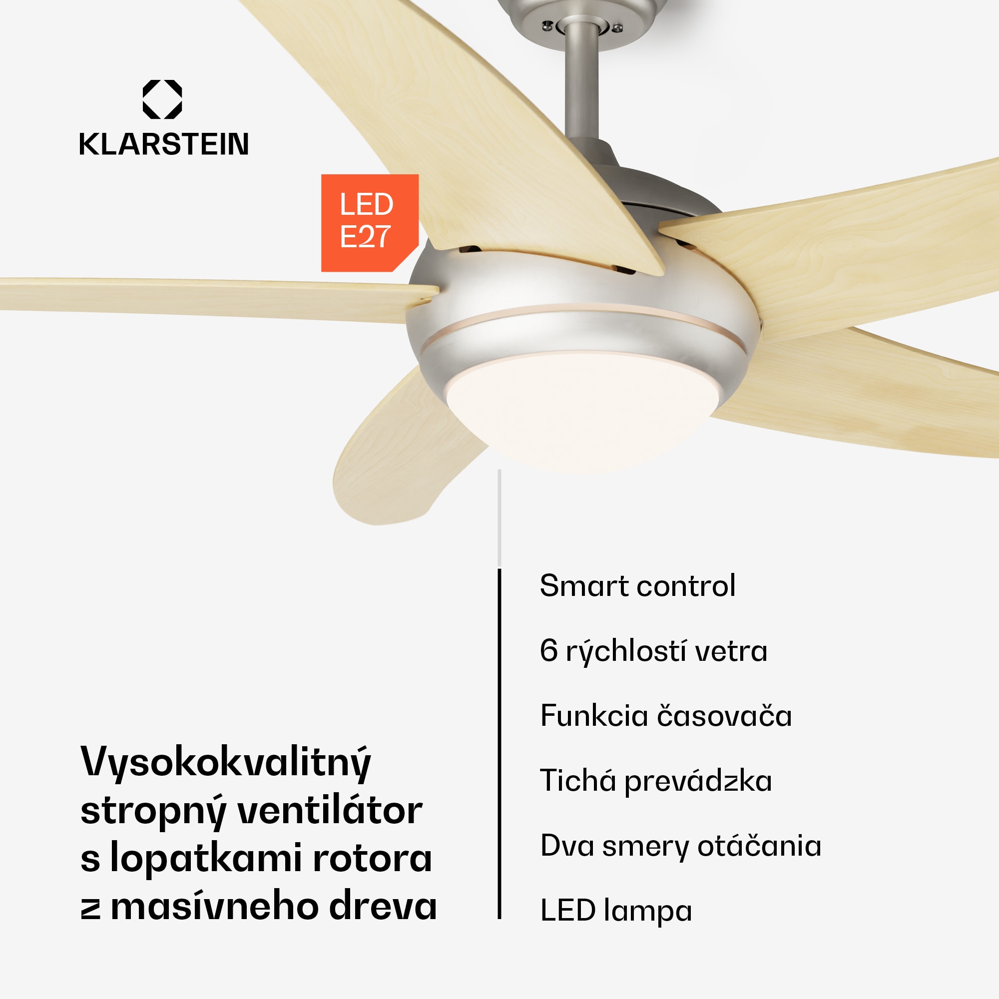 Klarstein Bolero 2 v 1 Smart, stropný ventilátor, Ø 132 cm, svetlo 55 W, diaľkové ovládanie, ovládanie cez aplikáciu, 2 smery chodu – Obrázok 2