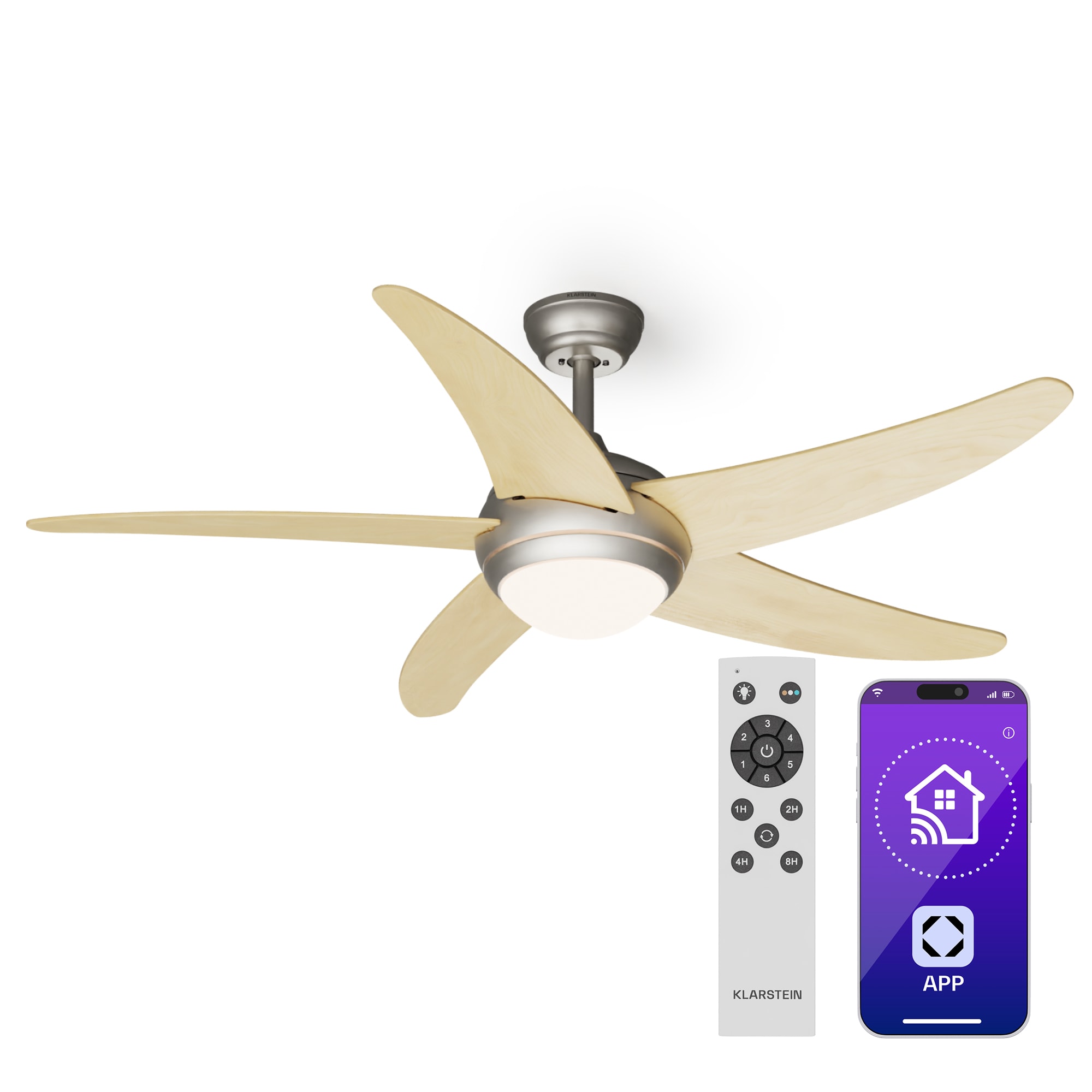 Klarstein Bolero 2 v 1 Smart, stropný ventilátor, Ø 132 cm, svetlo 55 W, diaľkové ovládanie, ovládanie cez aplikáciu, 2 smery chodu