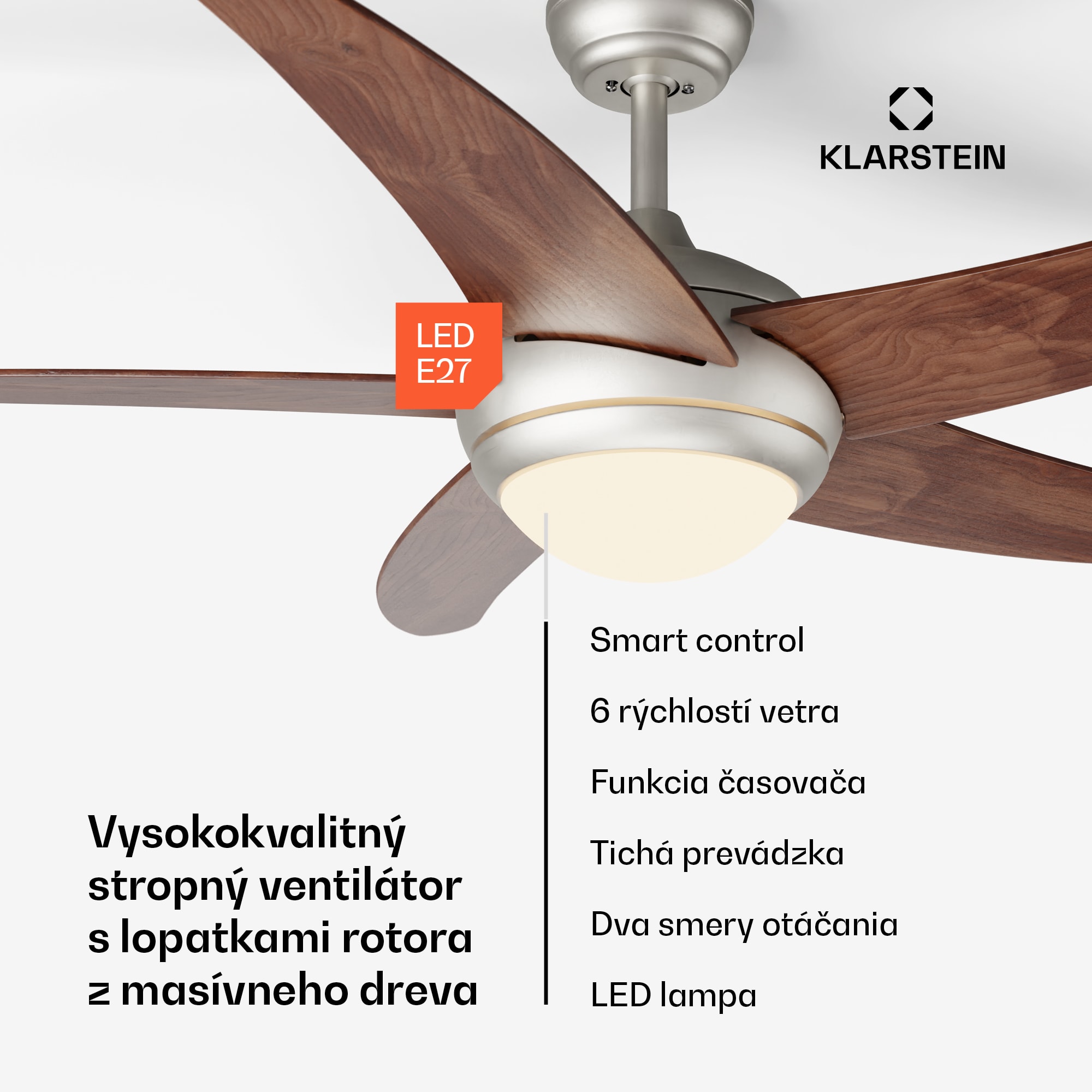 Klarstein Bolero 2 v 1 Smart, stropný ventilátor, Ø 132 cm, svetlo 55 W, diaľkové ovládanie, ovládanie cez aplikáciu, 2 smery chodu – Obrázok 2