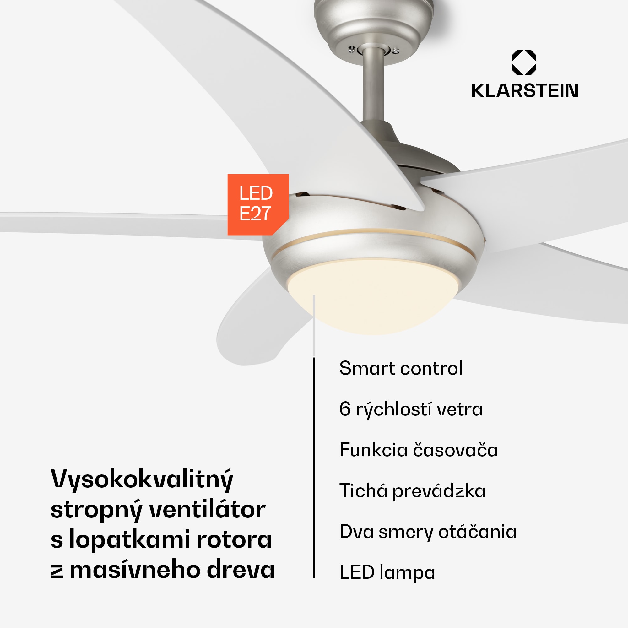Klarstein Bolero 2 v 1 Smart, stropný ventilátor, Ø 132 cm, svetlo 55 W, diaľkové ovládanie, ovládanie cez aplikáciu, 2 smery chodu – Obrázok 2
