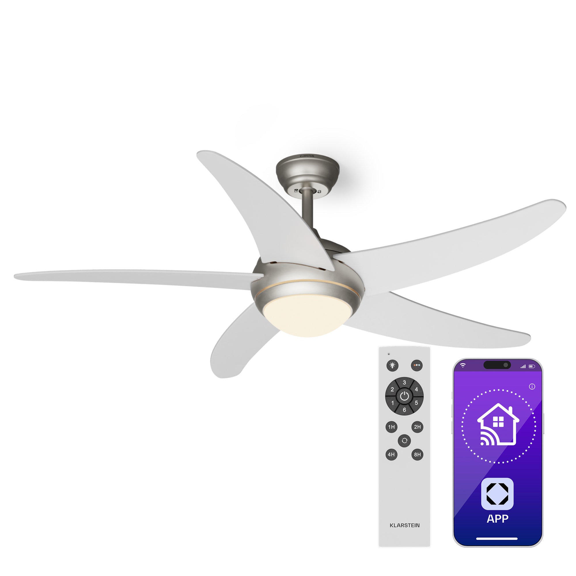 Klarstein Bolero 2 v 1 Smart, stropný ventilátor, Ø 132 cm, svetlo 55 W, diaľkové ovládanie, ovládanie cez aplikáciu, 2 smery chodu