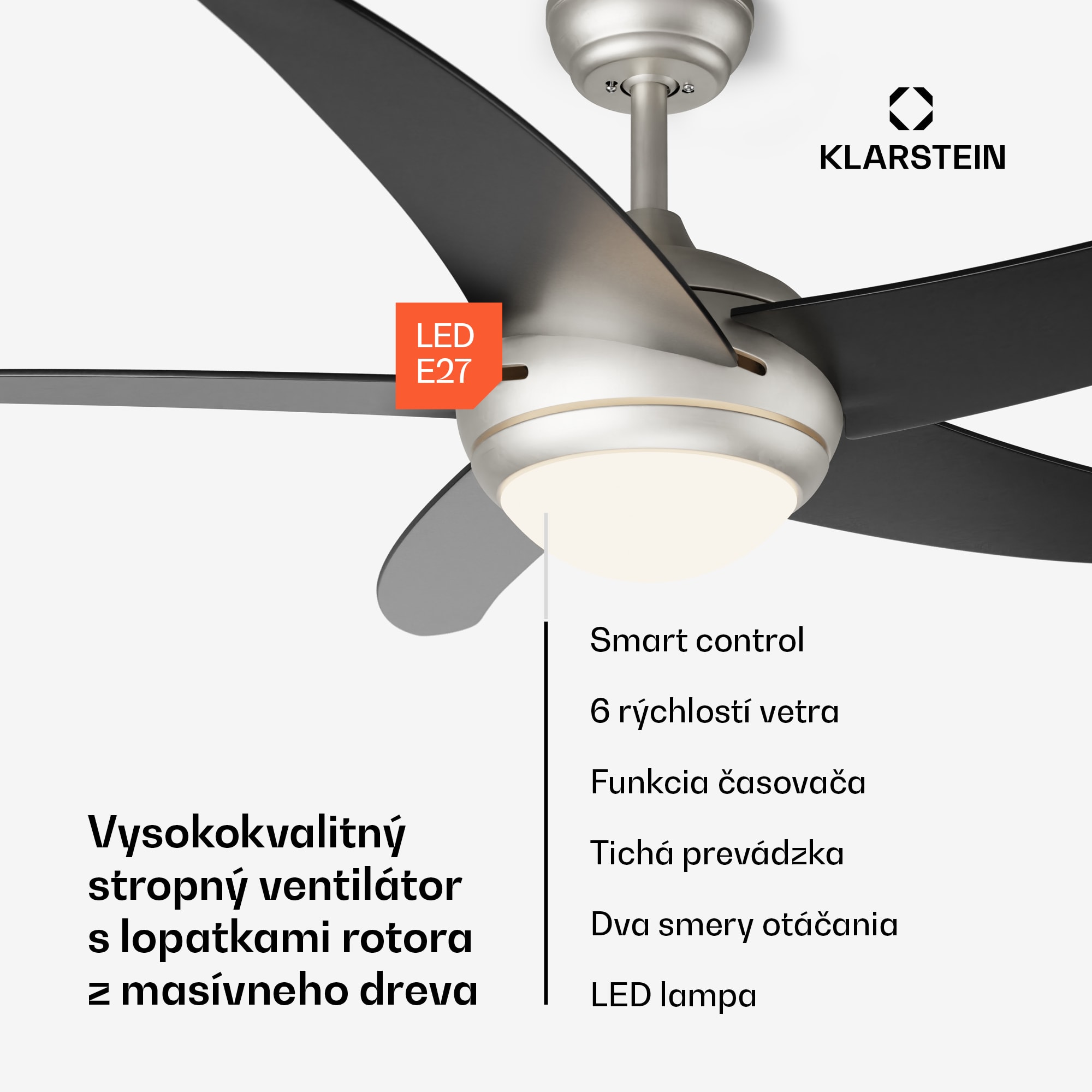 Klarstein Bolero 2 v 1 Smart, stropný ventilátor, Ø 132 cm, svetlo 55 W, diaľkové ovládanie, ovládanie cez aplikáciu, 2 smery chodu – Obrázok 2