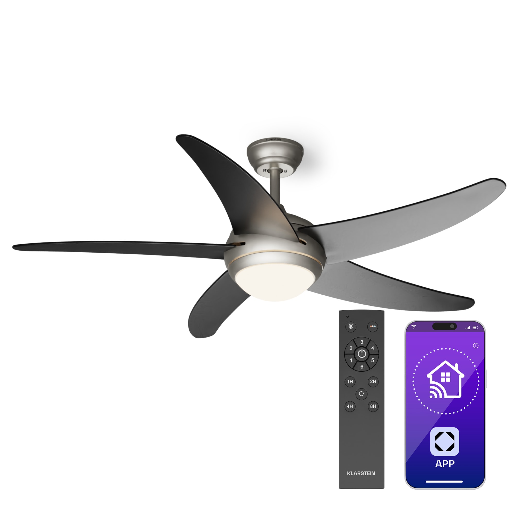 Klarstein Bolero 2 v 1 Smart, stropný ventilátor, Ø 132 cm, svetlo 55 W, diaľkové ovládanie, ovládanie cez aplikáciu, 2 smery chodu