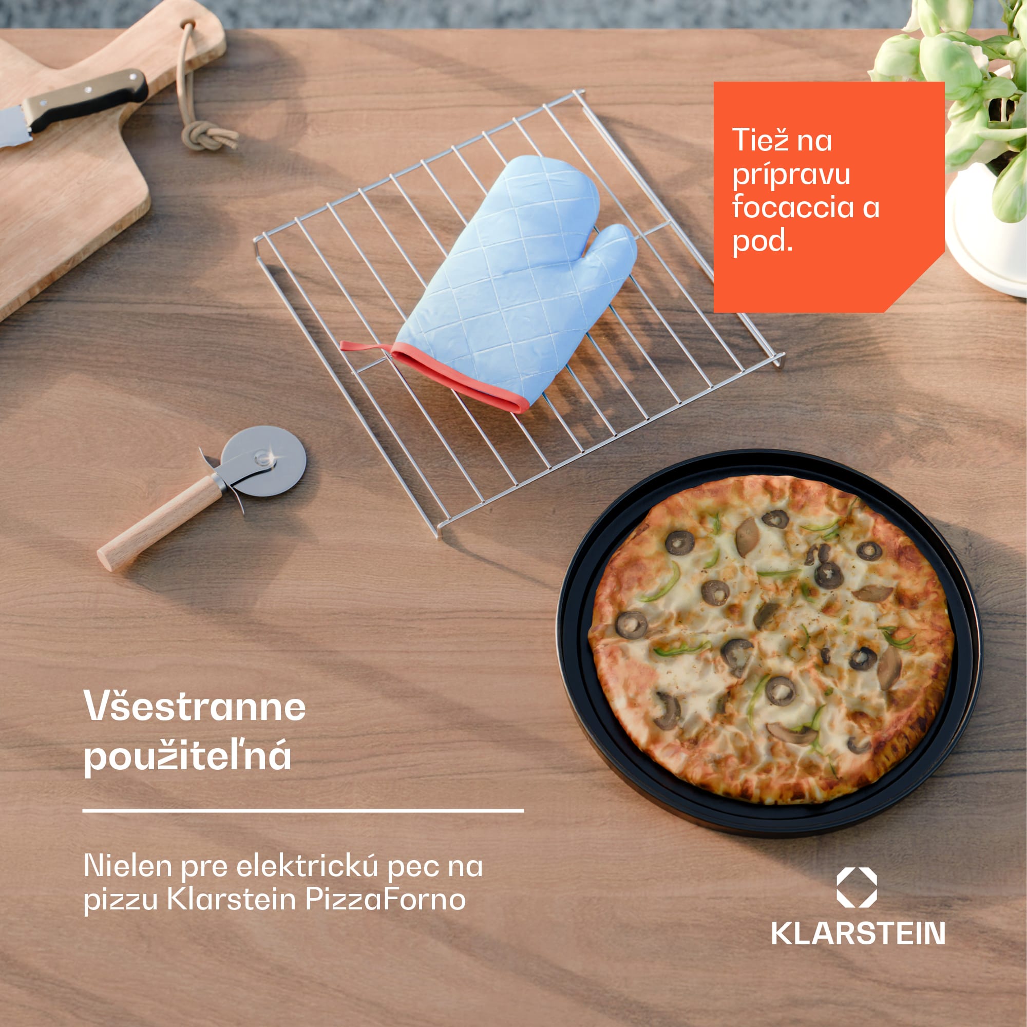 Klarstein 4-dielna súprava príslušenstva PizzaForno, stojan na pizzu a panvica na pizzu, tepelná rukavica a krájač – Obrázok 3