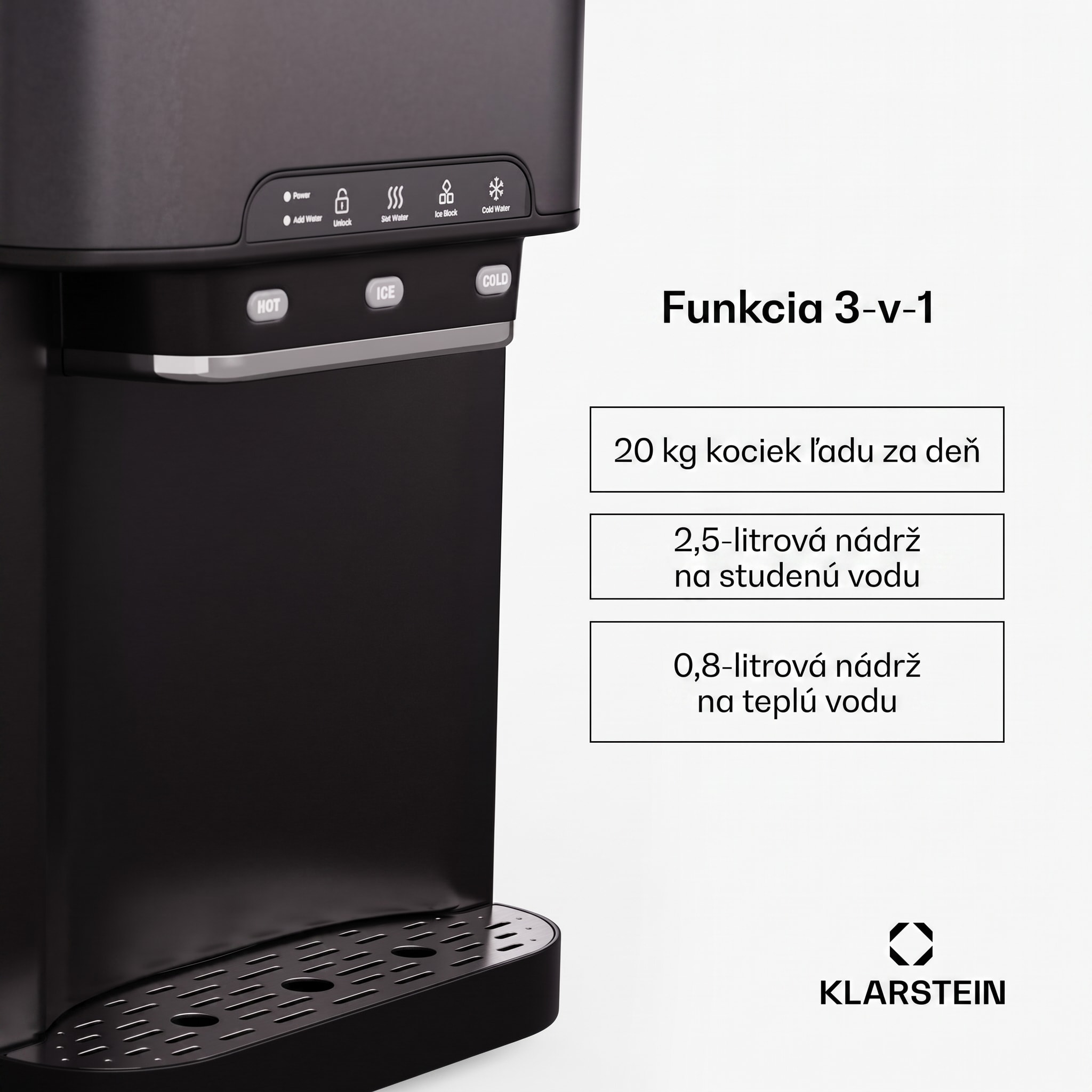 Klarstein Aqueous výrobník ľadu 3 v 1: kocky ľadu, dávkovač vody: horúca a studená, 20 kg/24h – Obrázok 2