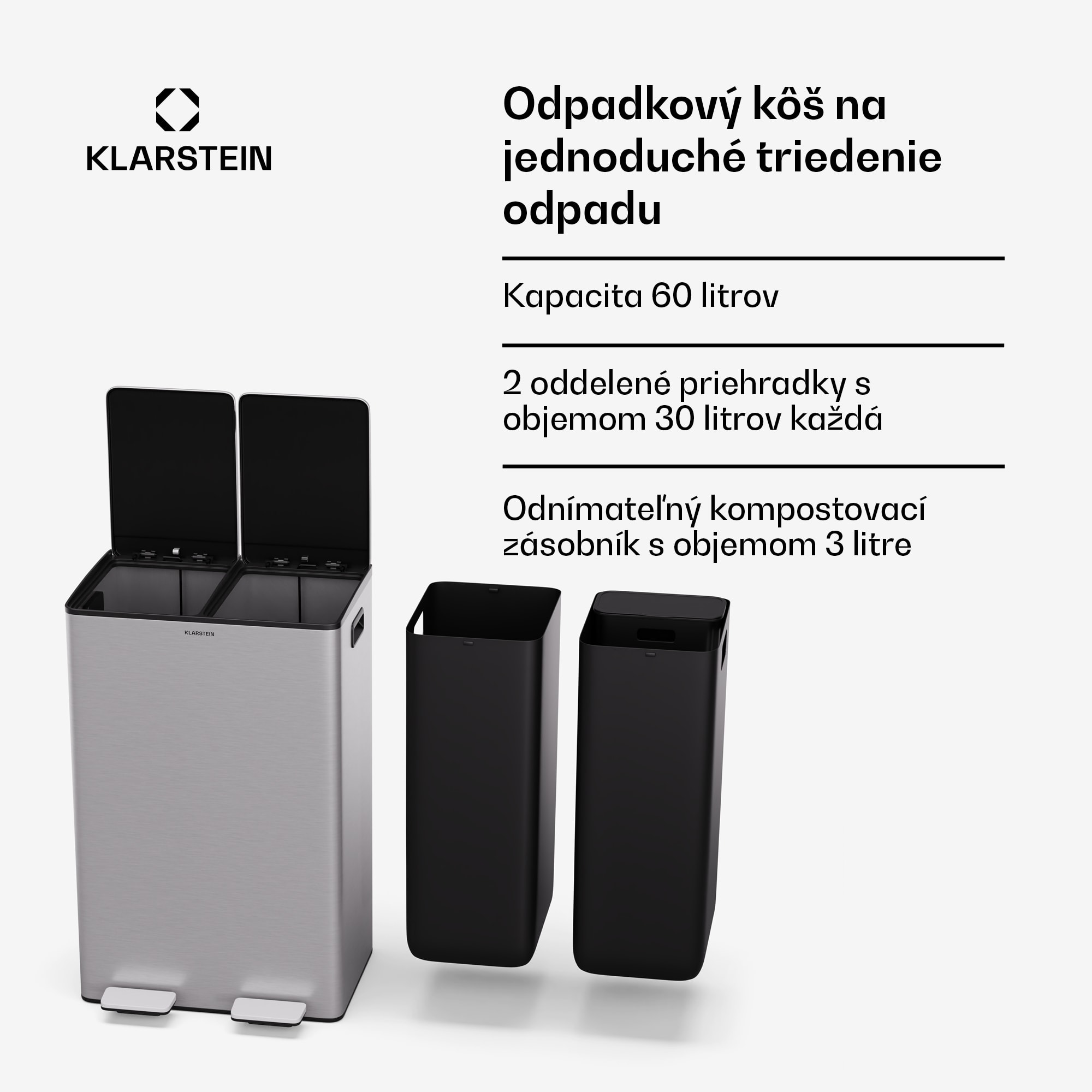 Klarstein EcoVista, odpadkový kôš s kompostérom, 60 l + 3 l/kôš + kompostér, Soft-Close – Obrázok 3