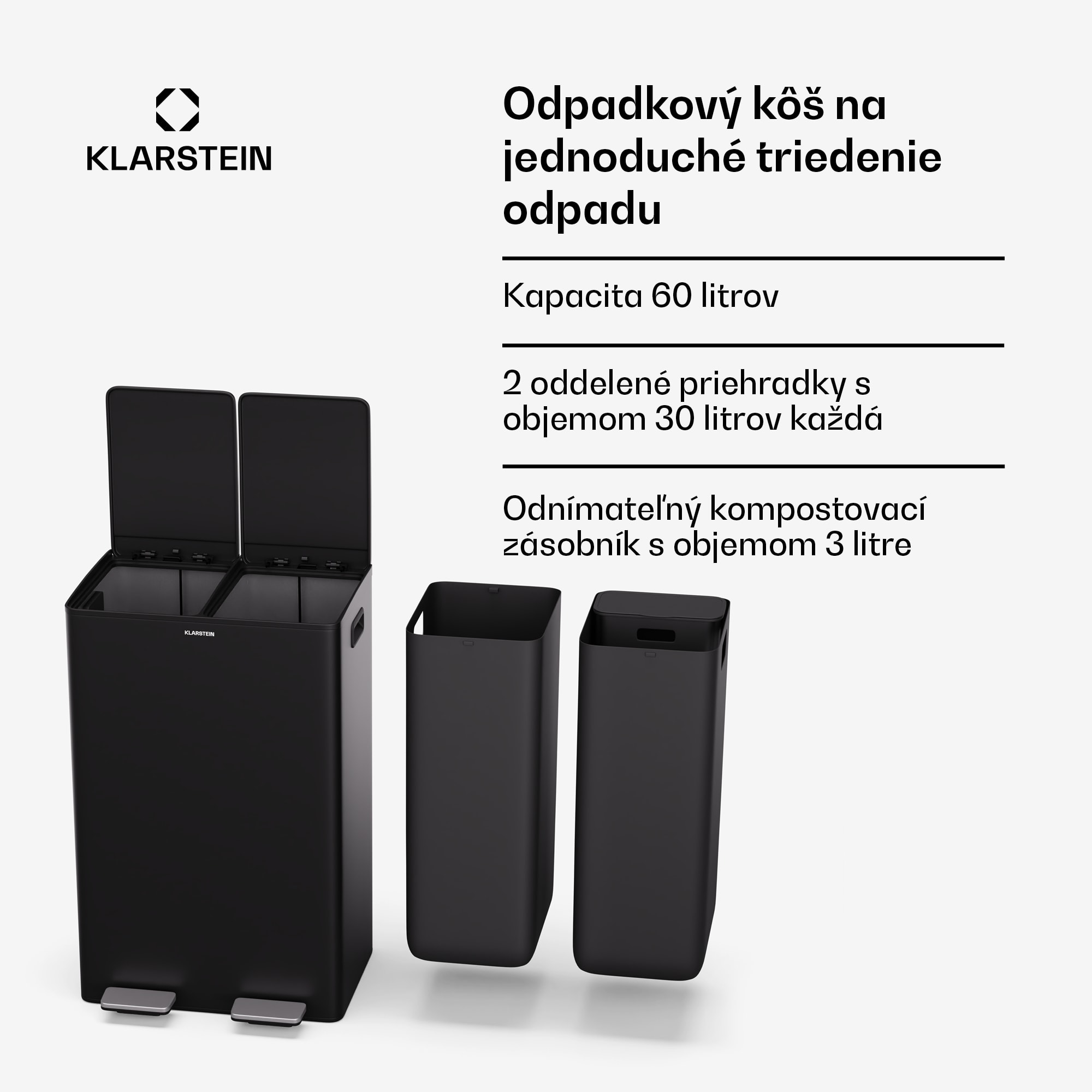 Klarstein EcoVista, odpadkový kôš s kompostérom, 60 l + 3 l/kôš + kompostér, Soft-Close – Obrázok 3