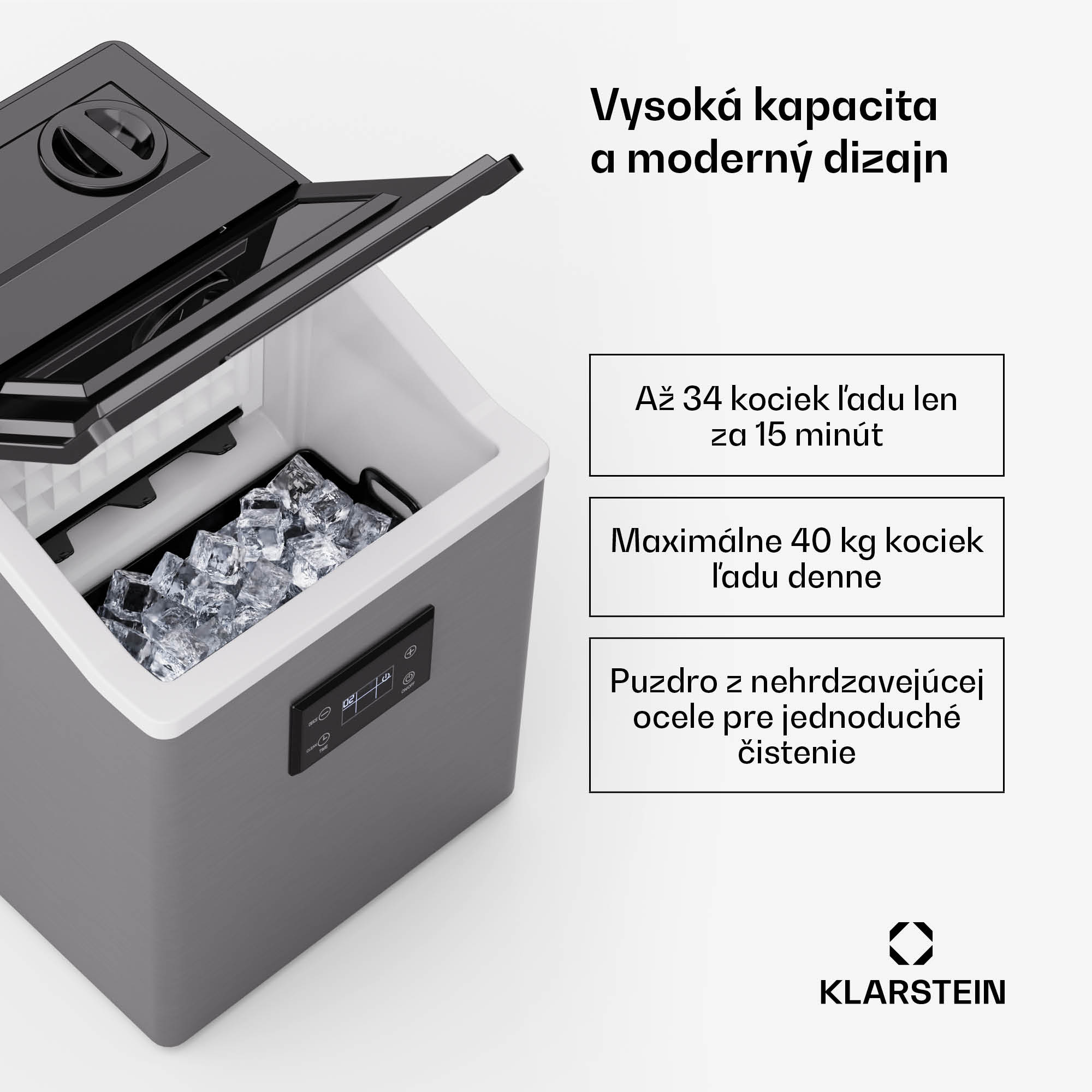 Klarstein FrostMaster, výrobník ľadu, 40 kg kociek ľadu za deň, kryt z nehrdzavejúcej ocele, LED displej, vrátane naberačky ľadu – Obrázok 2