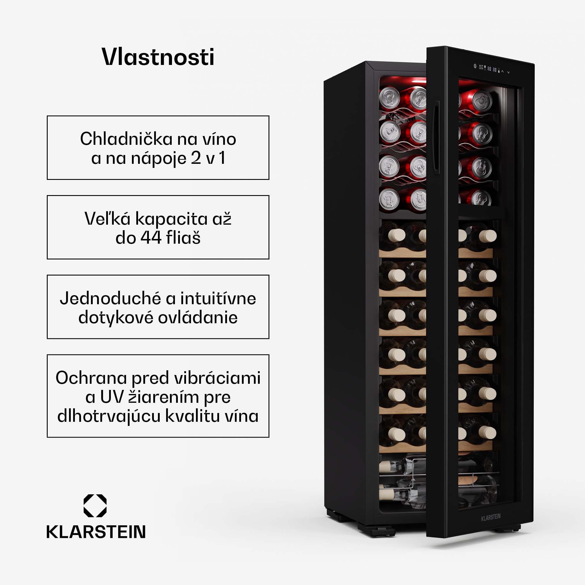 Klarstein Bovella 44 Duo+ chladnička na víno, 2 v 1, 44 fliaš, 2 zóny, 9 políc, Dotykové ovládanie – Obrázok 2