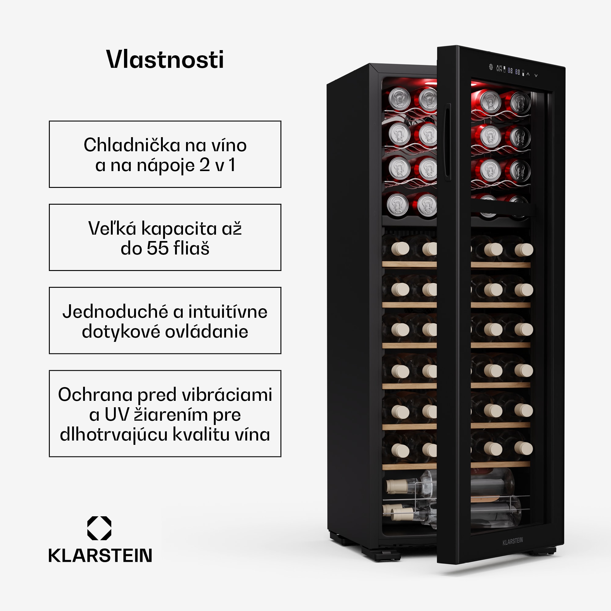 Klarstein Bovella 55 Duo+ chladnička na víno, 2 v 1, 55 fliaš, 2 zóny, 9 políc, Dotykové ovládanie – Obrázok 2