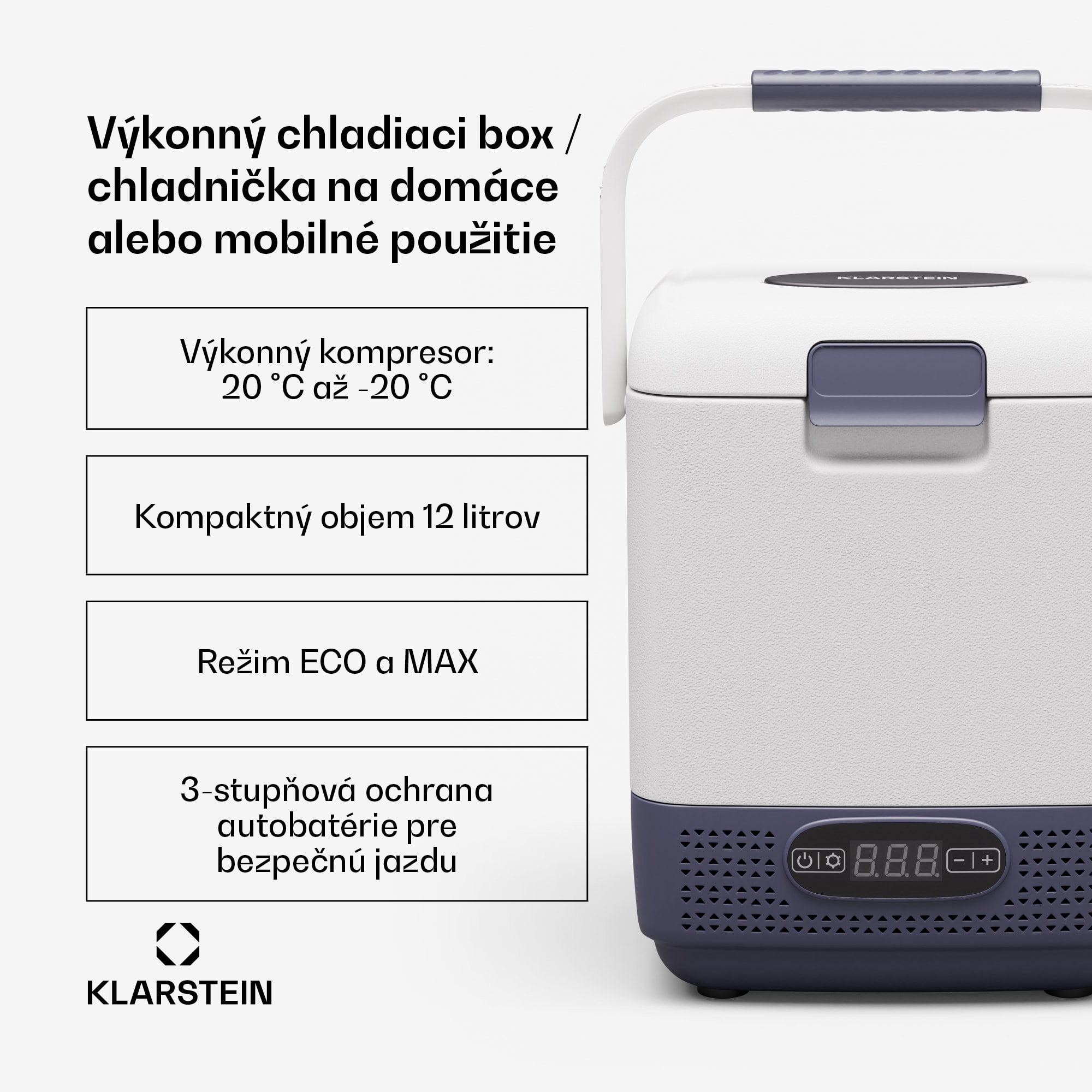 Klarstein SwiftFrost 12L chladiaci box, 12V-24V/230V, do -20 °C, kompresor, 2 úrovne výkonu, LED displej – Obrázok 2