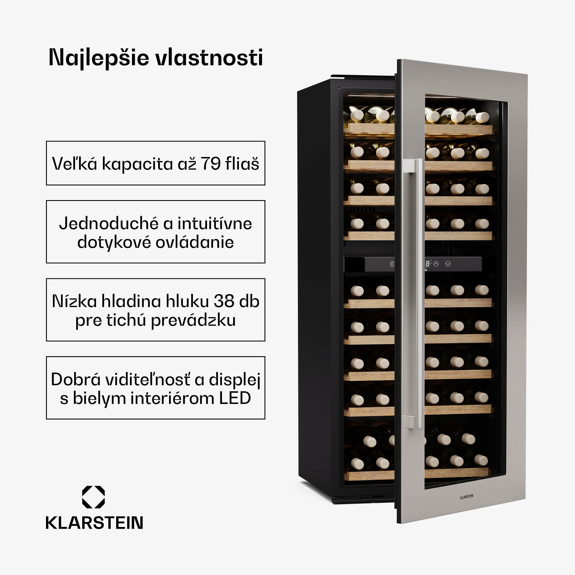 Klarstein Vinsider Duo chladnička na víno, 79 fliaš, 2 chladiace zóny, UV ochrana, 9 políc, Dotykové ovládanie – Obrázok 2
