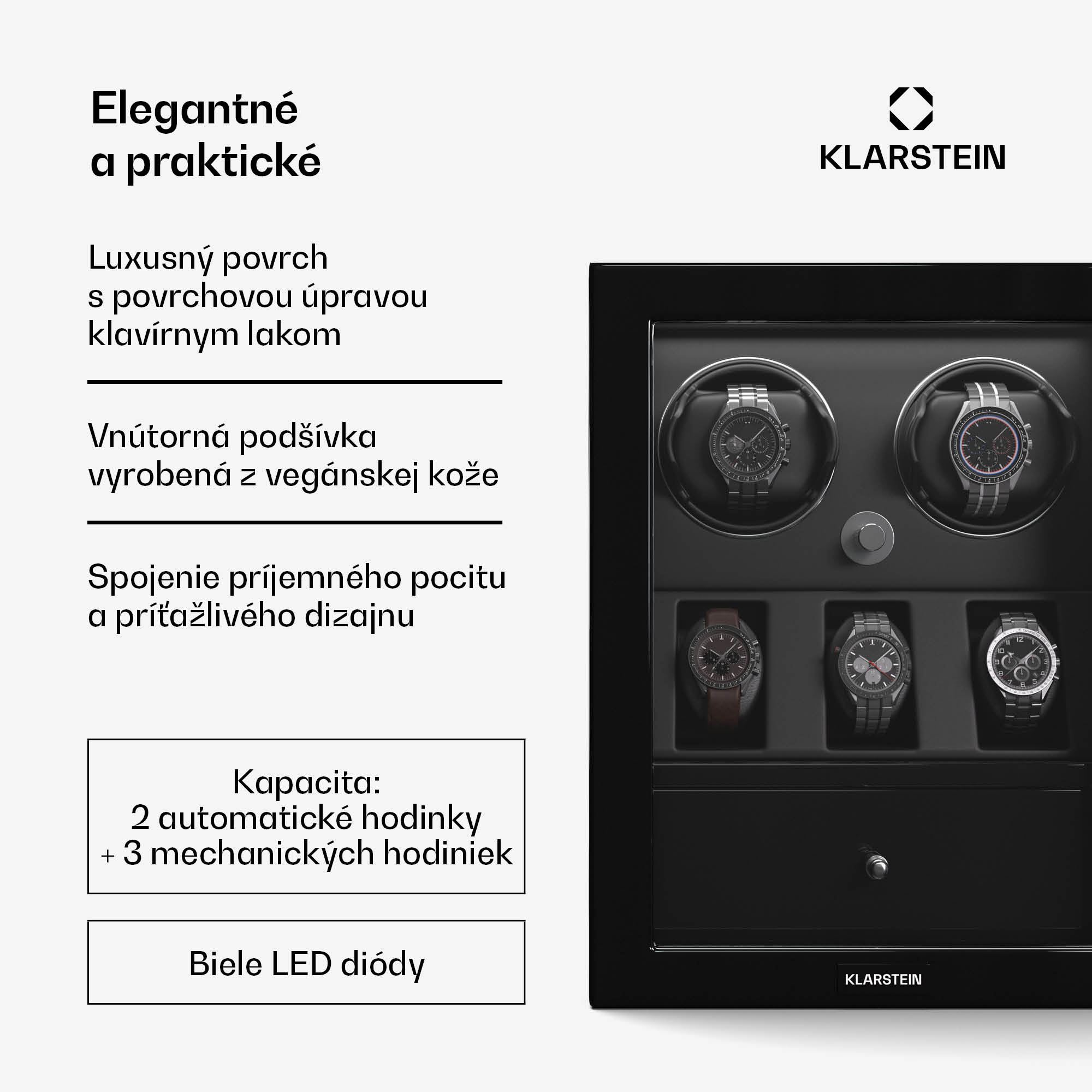 Klarstein ChronoVault navíjač hodiniek | 2+3 hodinky | vegánsky | vysoký lesk | 4 režimy | Mabuchi motor | LED | zásuvka – Obrázok 2