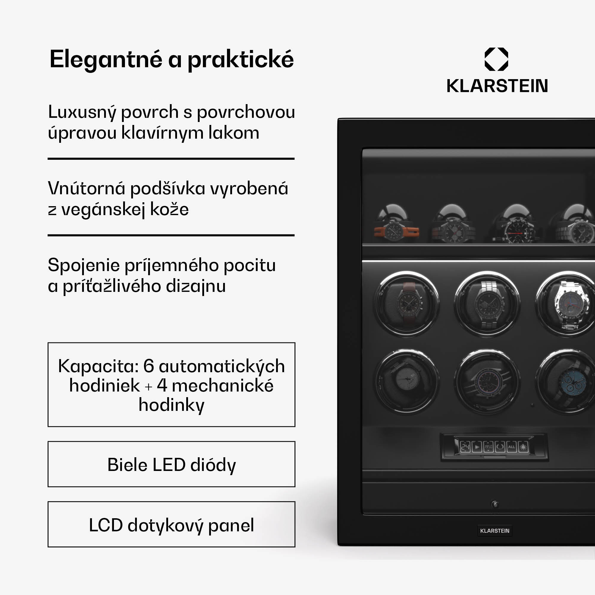Klarstein SecureTouch naťahovač hodiniek, 6+4 hodinky, motor Mabuchi, klavírny lak, 41 režimov, zámok, LED diódy – Obrázok 2