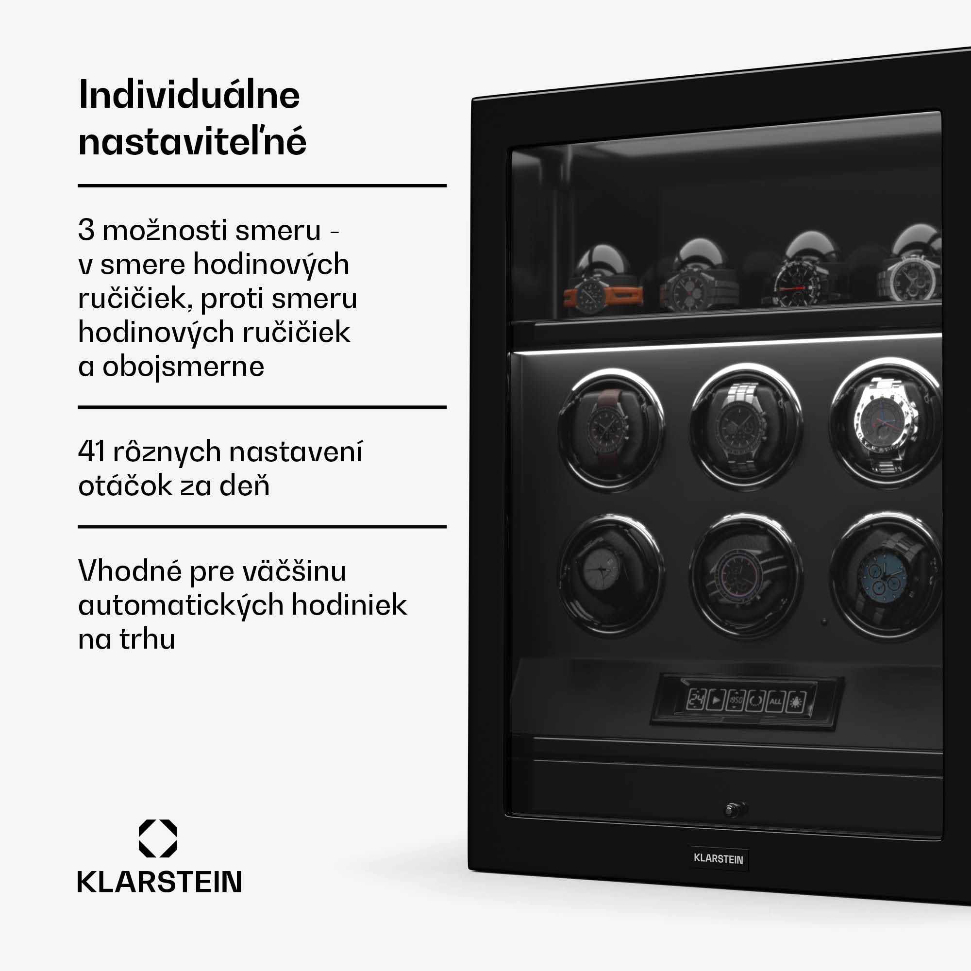 Klarstein SecureTouch naťahovač hodiniek, 6+4 hodinky, motor Mabuchi, klavírny lak, 41 režimov, zámok, LED diódy – Obrázok 3