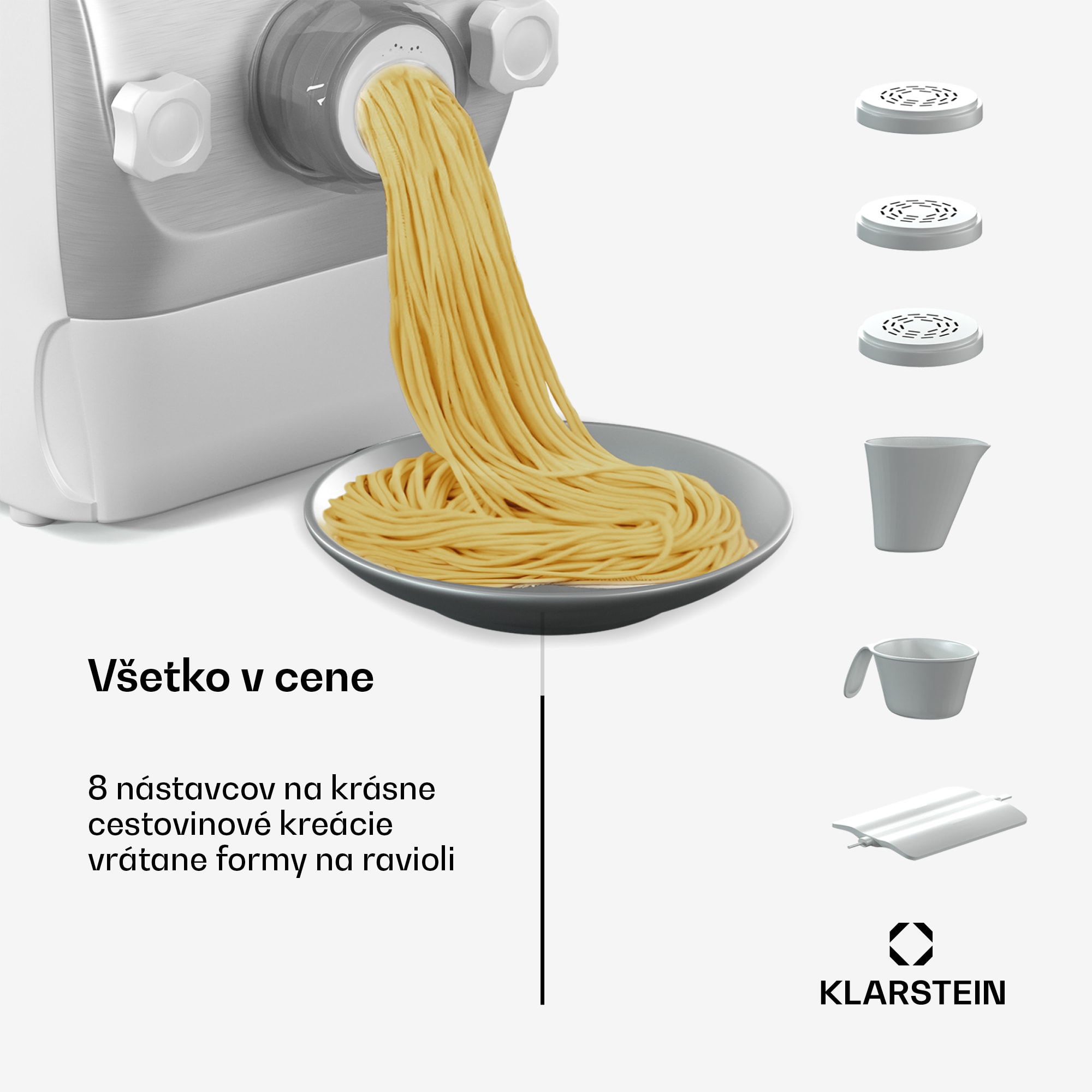 Klarstein Pastamania strojček na cestoviny, 7 nástavcov, cestoviny + ravioli, 260 W, jednoduché čistenie – Obrázok 3