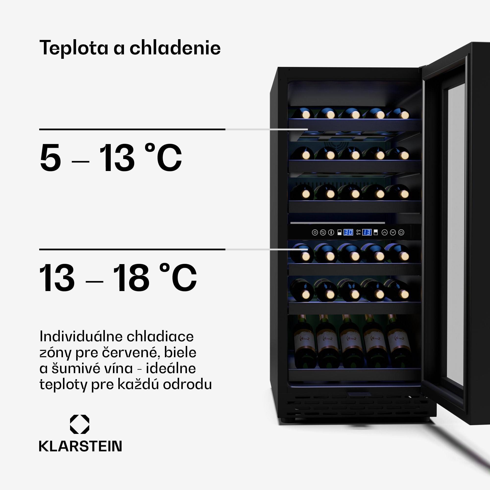 Klarstein Vinovilla 30 Duo chladnička na víno, 2 chladiace zóny, 32 fliaš, drevené police, 5-18 °C – Obrázok 4
