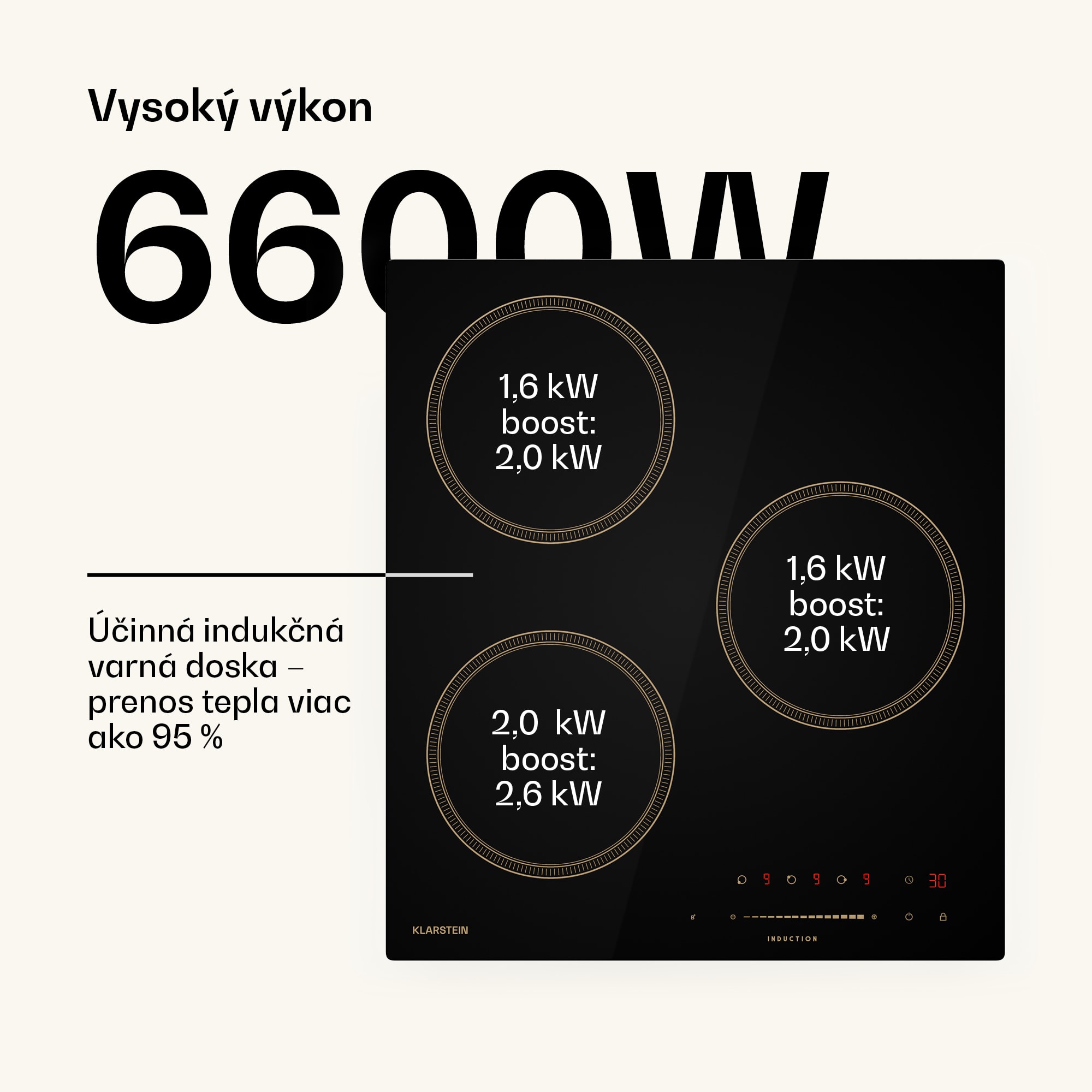 Klarstein Victoria indukčná varná doska, 45 cm, 6 600 W, 3 varné zóny, ovládanie posuvníkom, boost – Obrázok 3