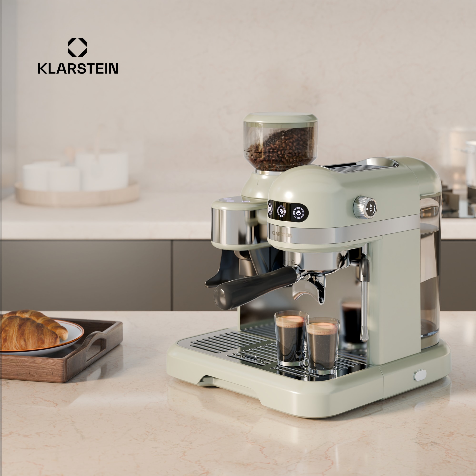 Klarstein Bella Café pákový kávovar, Vintage, mlynček, 20 bar, Napeňovač mlieka, 2 šálky, 1550 W – Obrázok 2