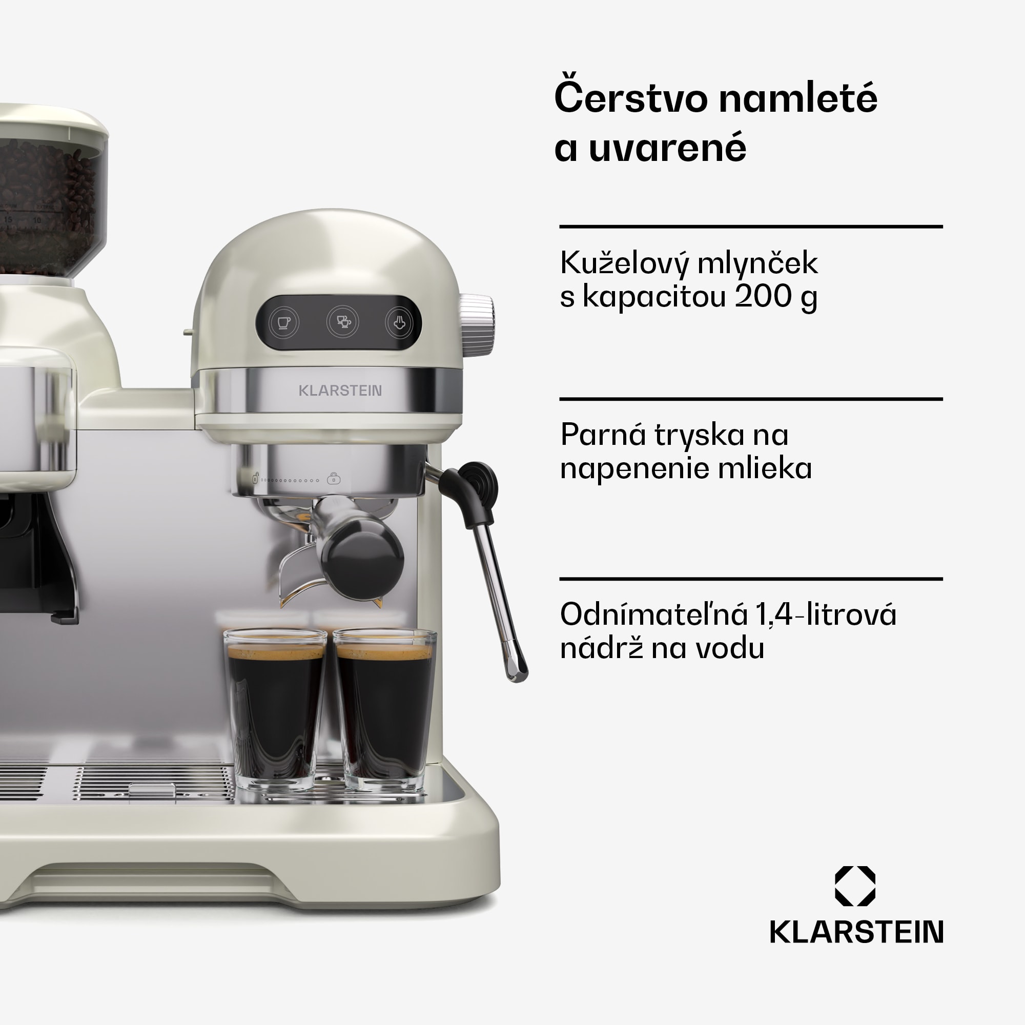 Klarstein Bella Café pákový kávovar, Vintage, mlynček, 20 bar, Napeňovač mlieka, 2 šálky, 1550 W – Obrázok 3