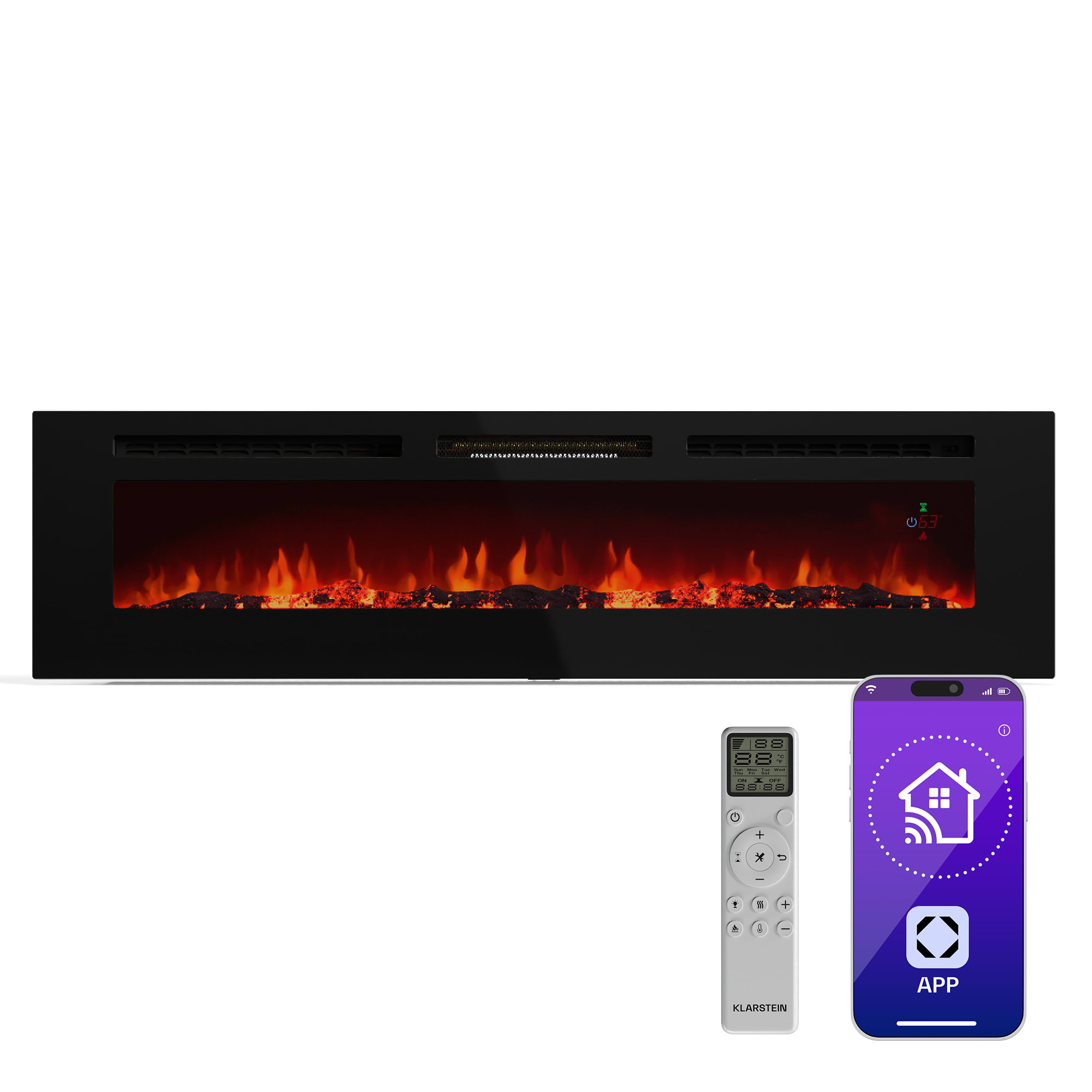 Klarstein Galeras Smart Inteligentný elektrický krb, 2 nastavenia teploty, 16 - 30°| LED ilúzia plameňa, Možnosť pripojenia k IOT