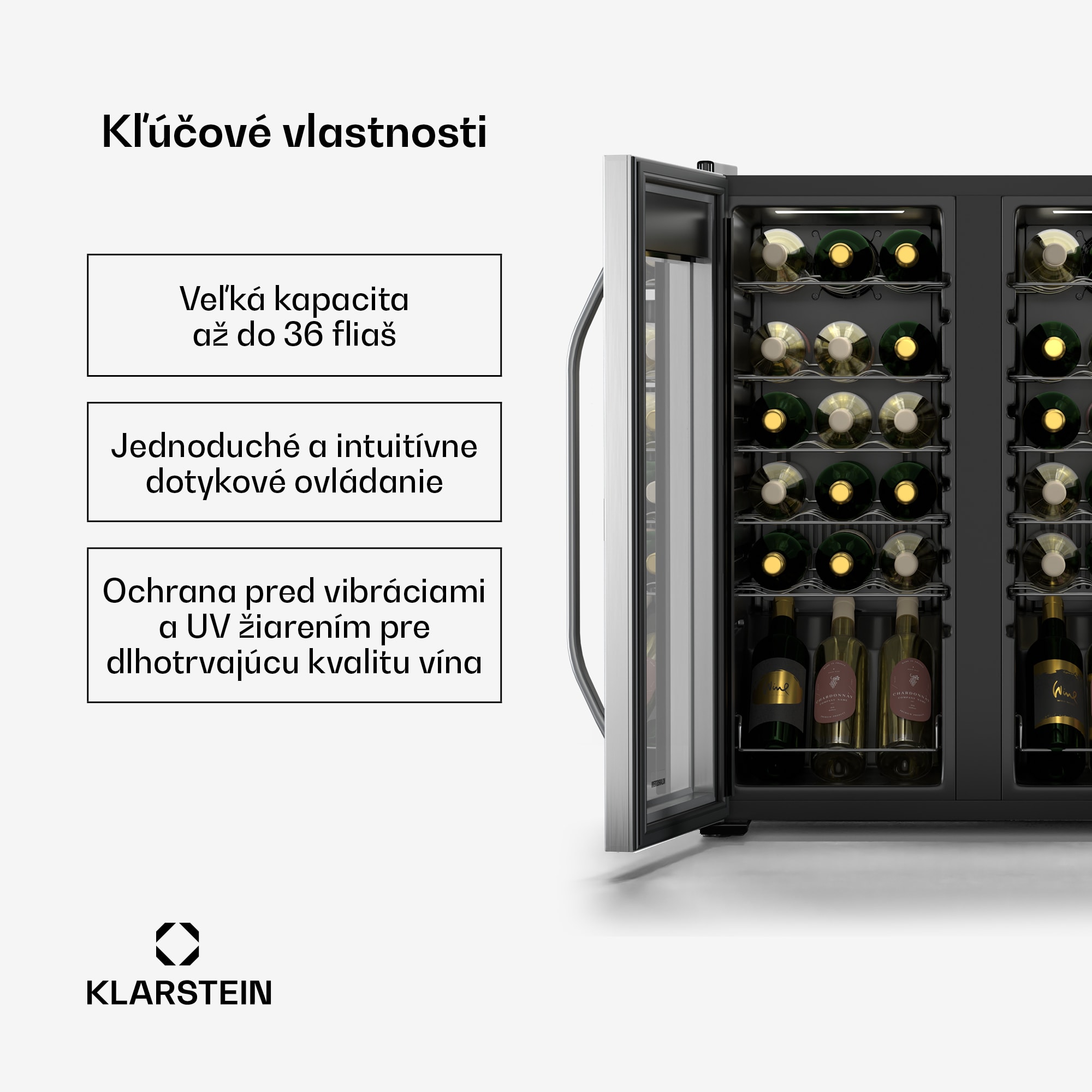 Klarstein Vinamour chladnička na víno, 2 chladiace zóny, 7 políc, dotykové ovládanie, UV-ochrana – Obrázok 2