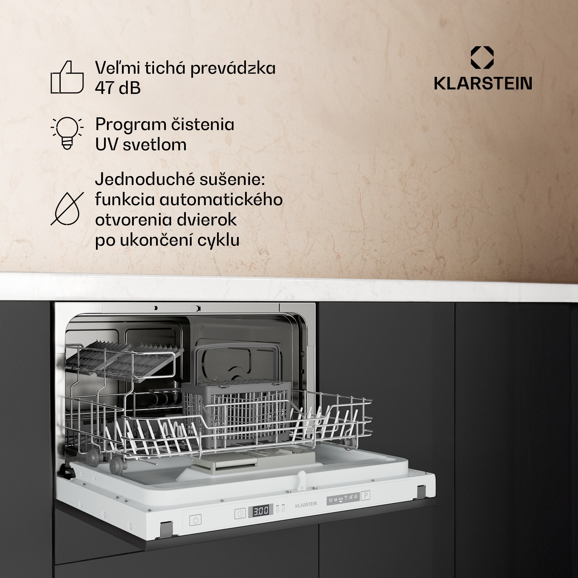 Klarstein Havasia Flow UV 6 Secret vstavaná umývačka riadu, kompaktná, 6 súprav, UV-Svetlo, 6 Programov – Obrázok 3