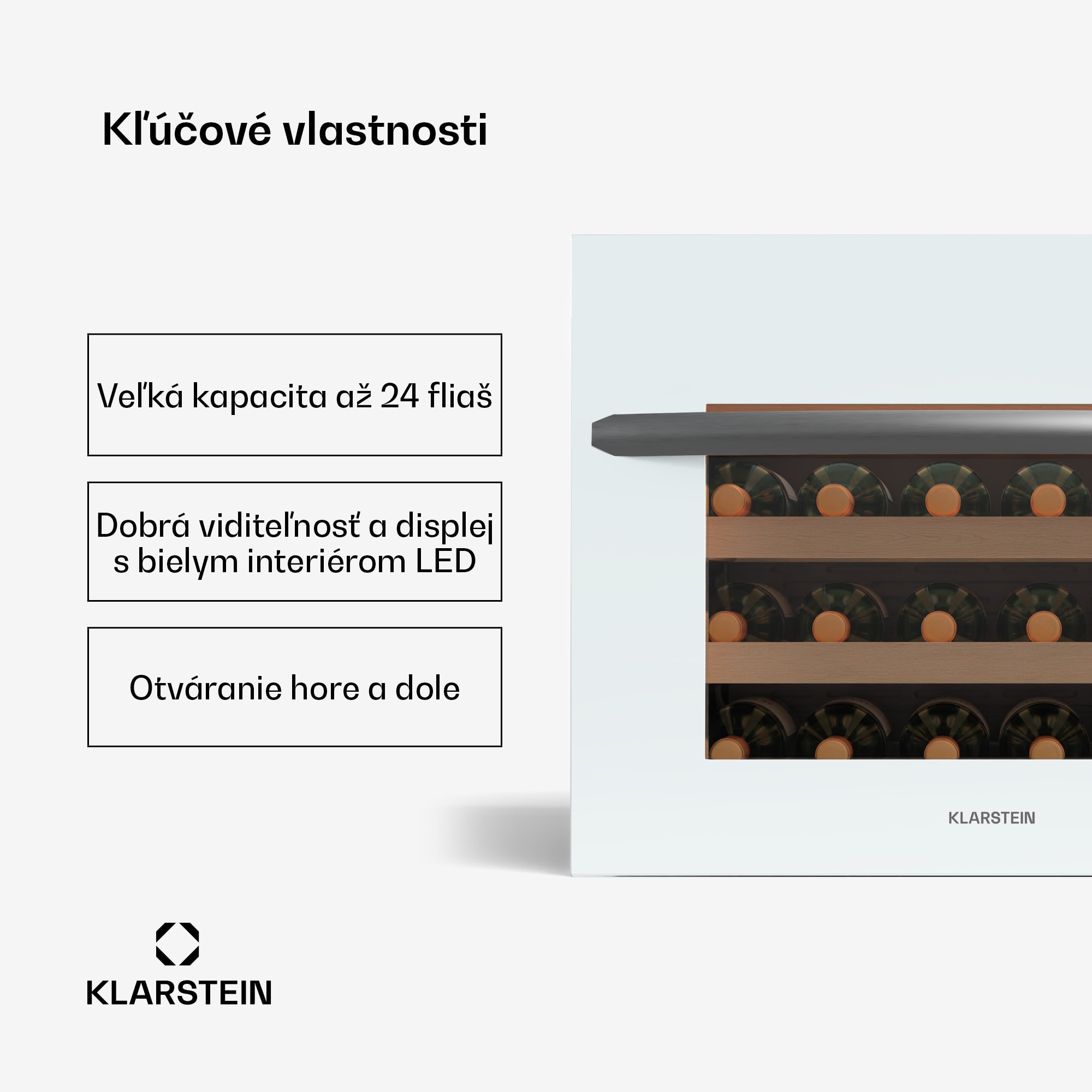 Klarstein Vinoline 24 Vstavaná vinotéka Uno, 24 fliaš, Integrovateľná, LED, biele sklenené dvere – Obrázok 2