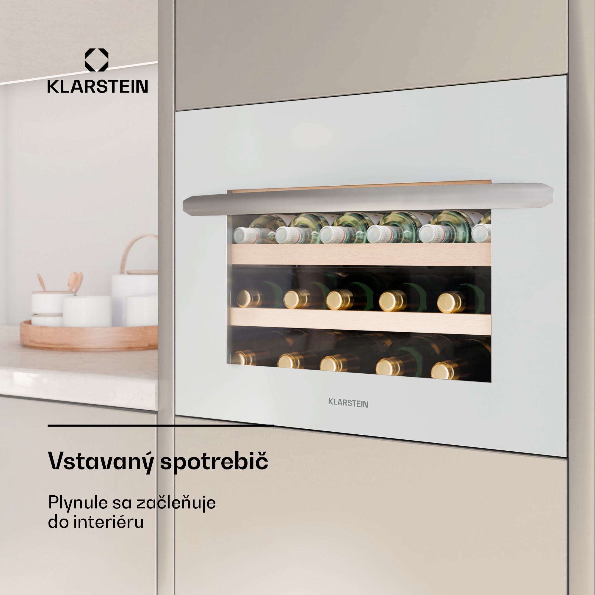 Klarstein Vinoline 24 Vstavaná vinotéka Uno, 24 fliaš, Integrovateľná, LED, biele sklenené dvere – Obrázok 3