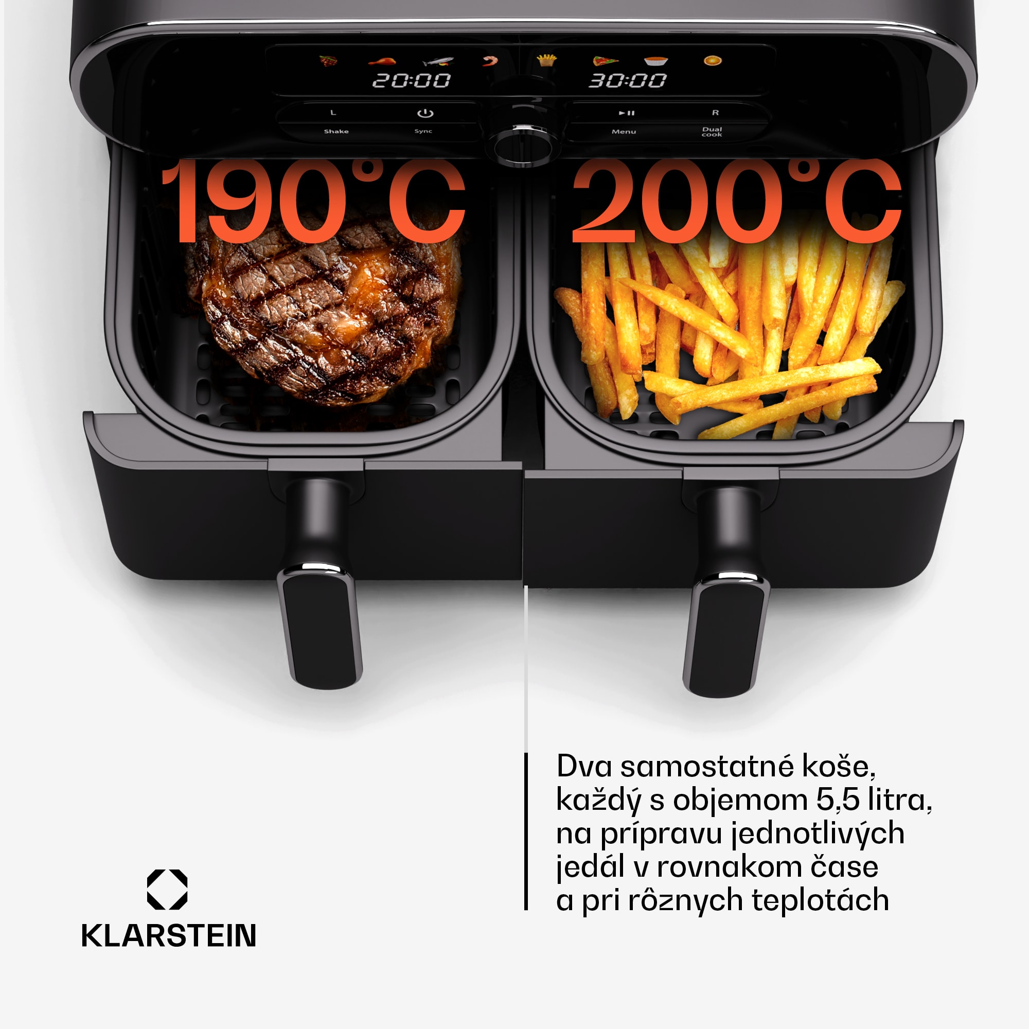 Klarstein AuraAir Color Touch teplovzdušná fritéza, 2 komory, 10 l, 1700 W, 80 - 200 °C, 8 programov – Obrázok 2