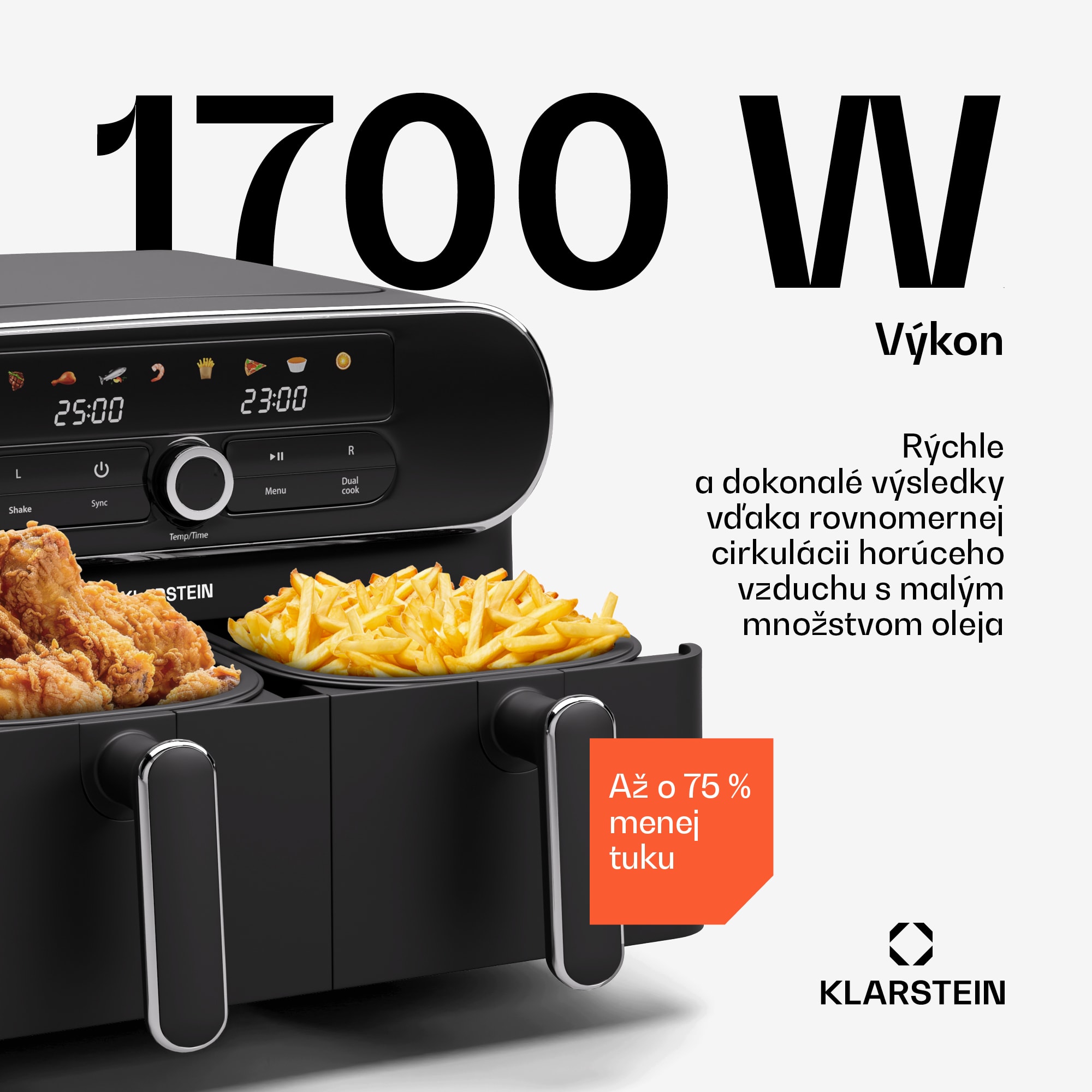 Klarstein AuraAir Color Touch teplovzdušná fritéza, 2 komory, 10 l, 1700 W, 80 - 200 °C, 8 programov – Obrázok 3