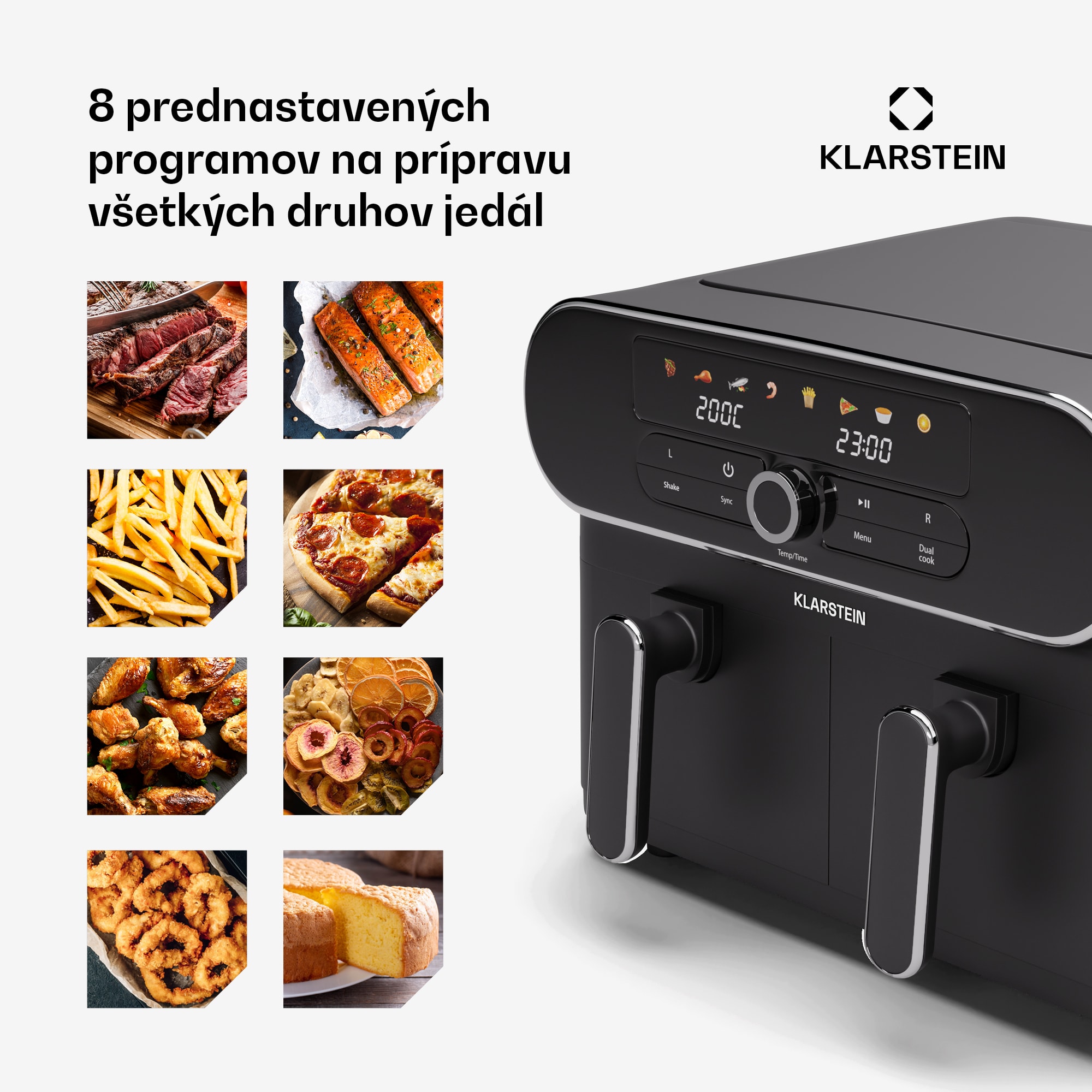 Klarstein AuraAir Color Touch teplovzdušná fritéza, 2 komory, 10 l, 1700 W, 80 - 200 °C, 8 programov – Obrázok 4