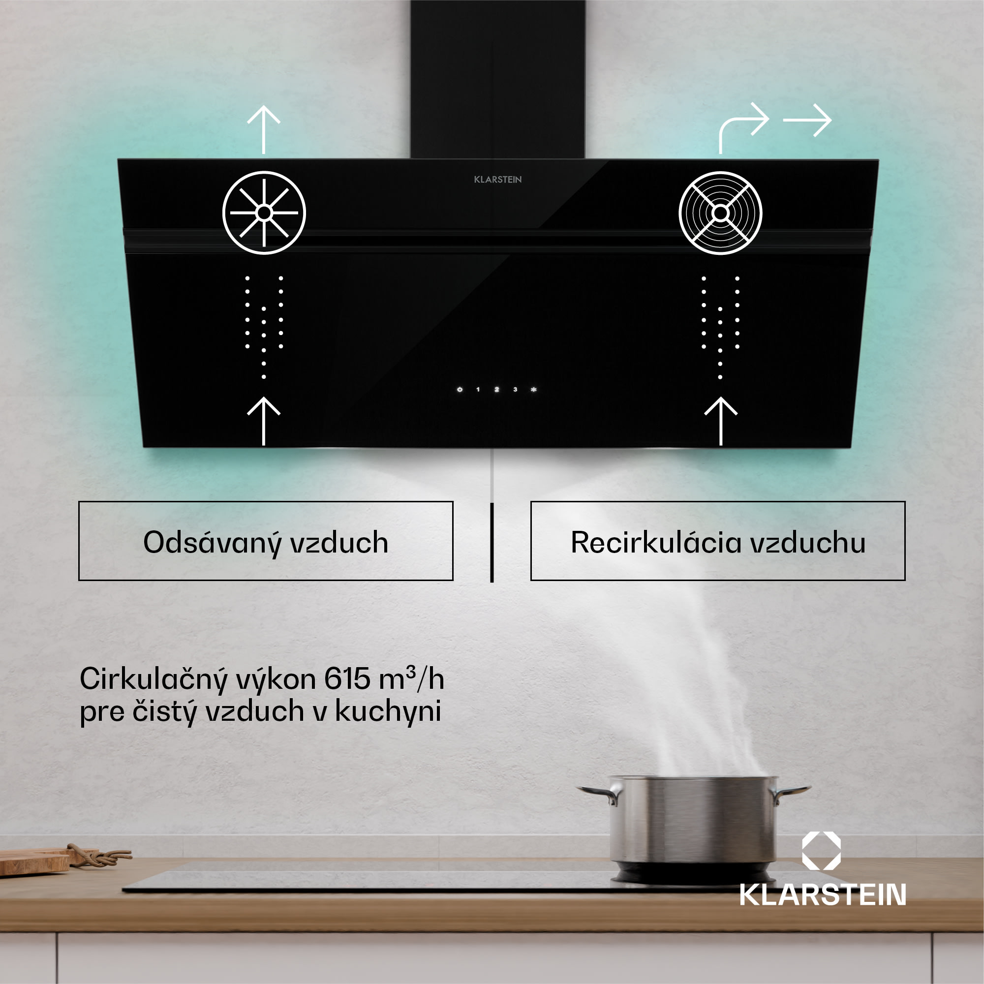 Klarstein Alina digestor, EEK A, Dotykový, LED osvetlenie, Odsávanie/recirkulácia, 615 m³/h – Obrázok 2