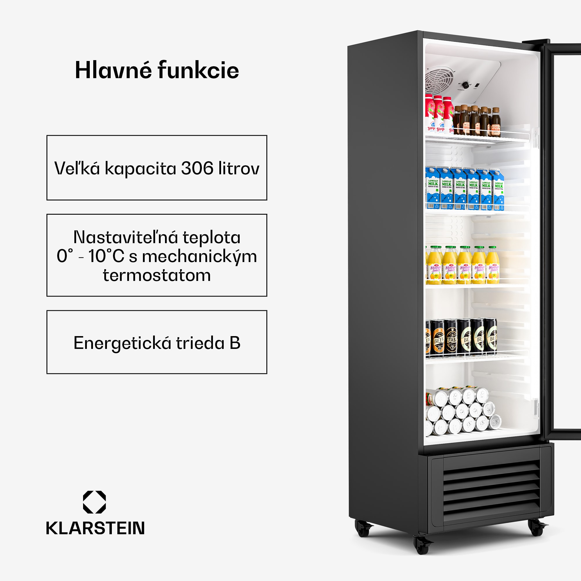 Klarstein GrandCooler chladnička na nápoje, 306 l, LED osvetlenie, s kolieskami, 4 police