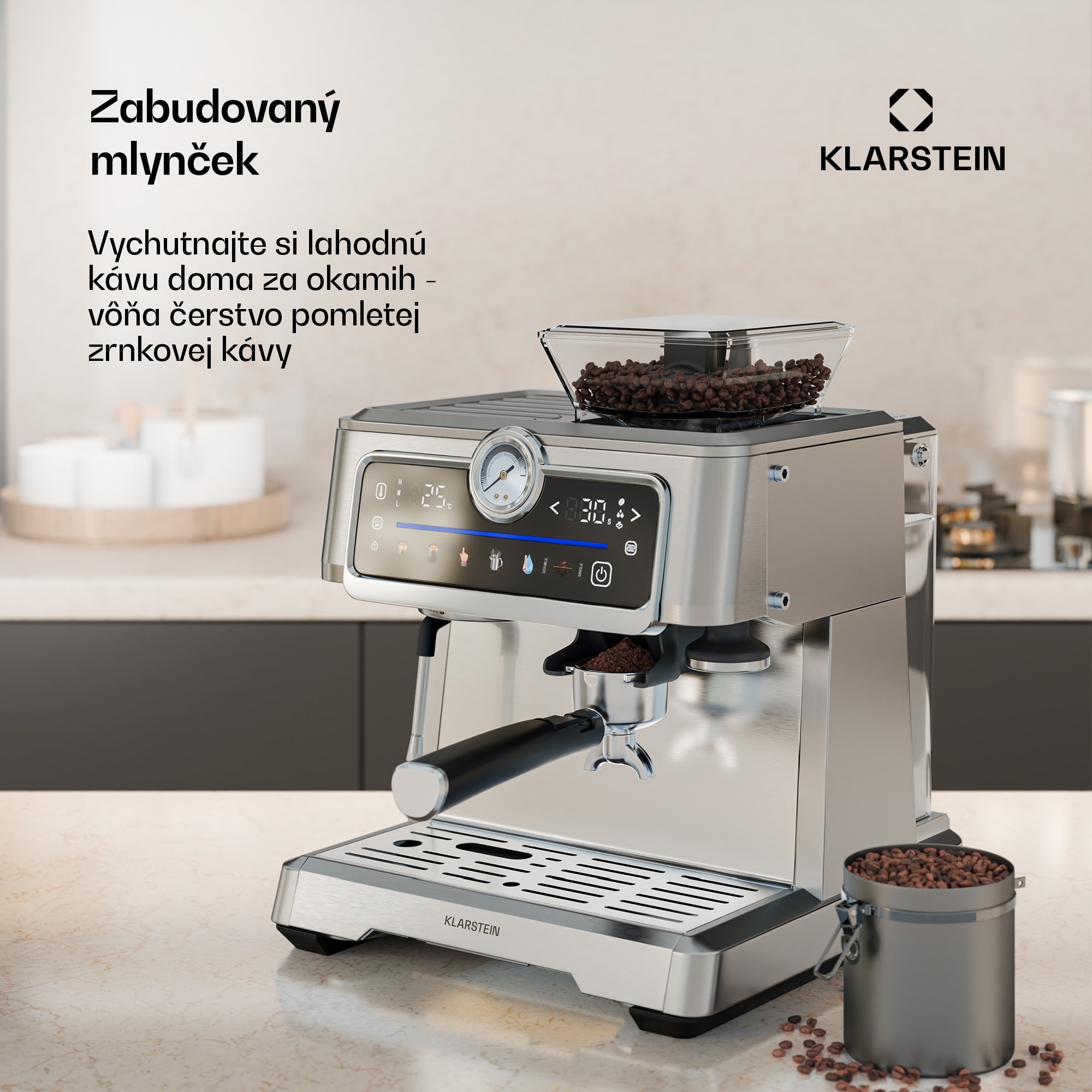 Klarstein GrandPresso Touch kávovar, 20 barov, integrovaný mlynček, indikátor tlaku, mliečna pena – Obrázok 2