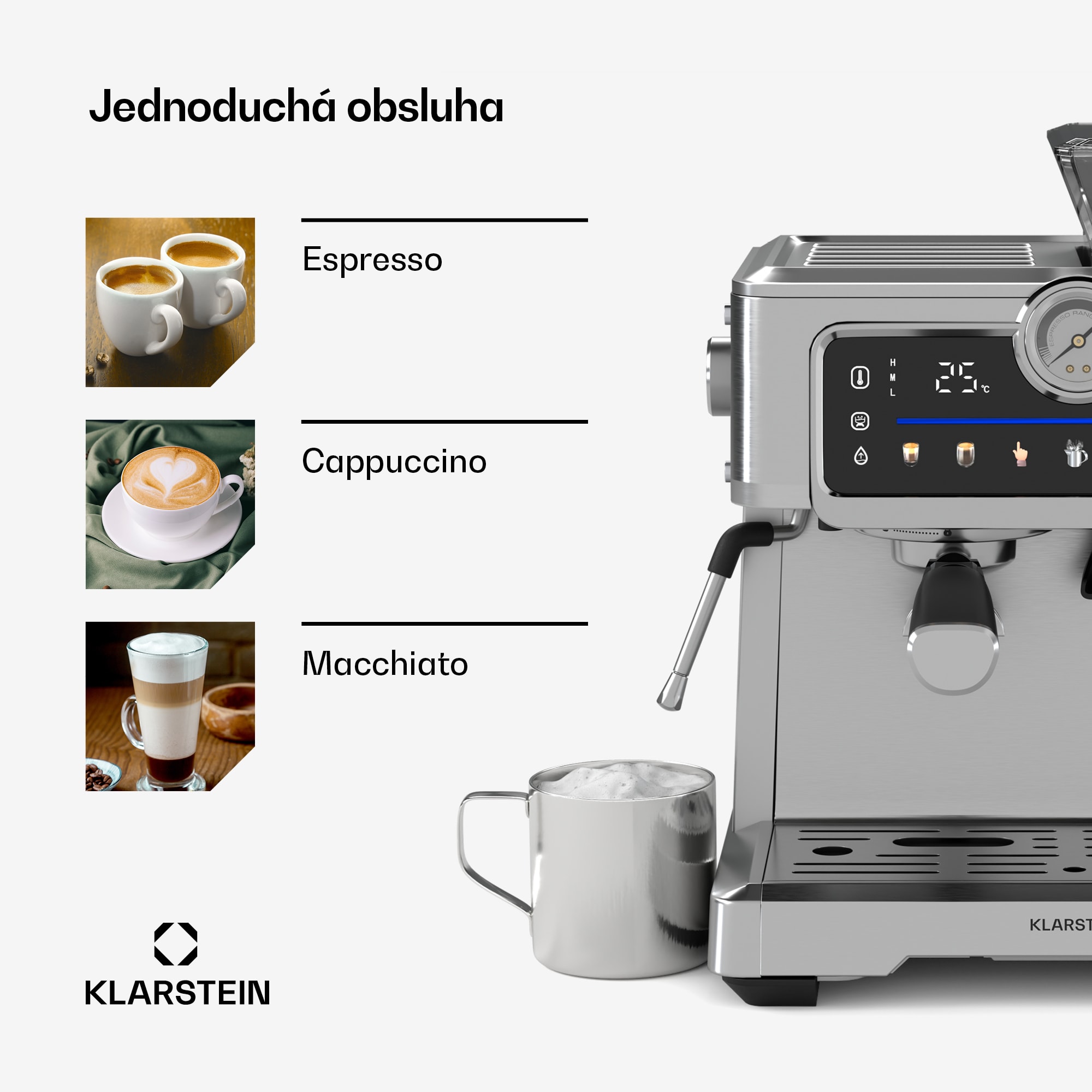 Klarstein GrandPresso Touch kávovar, 20 barov, integrovaný mlynček, indikátor tlaku, mliečna pena – Obrázok 4