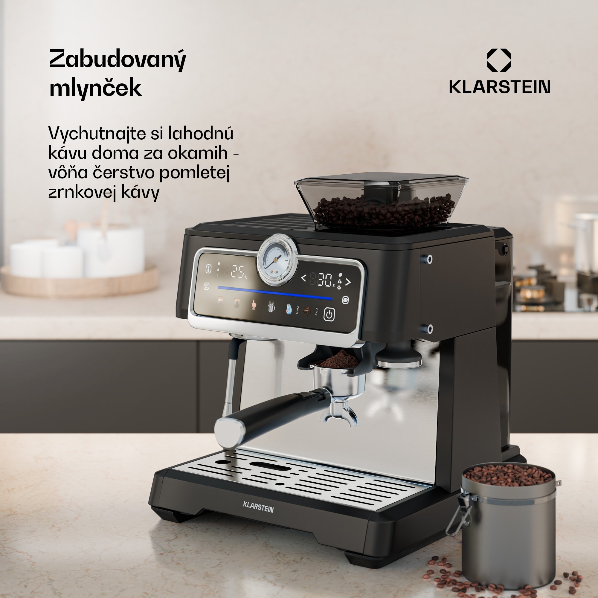 Klarstein GrandPresso Touch kávovar, 20 barov, integrovaný mlynček, indikátor tlaku, mliečna pena – Obrázok 2