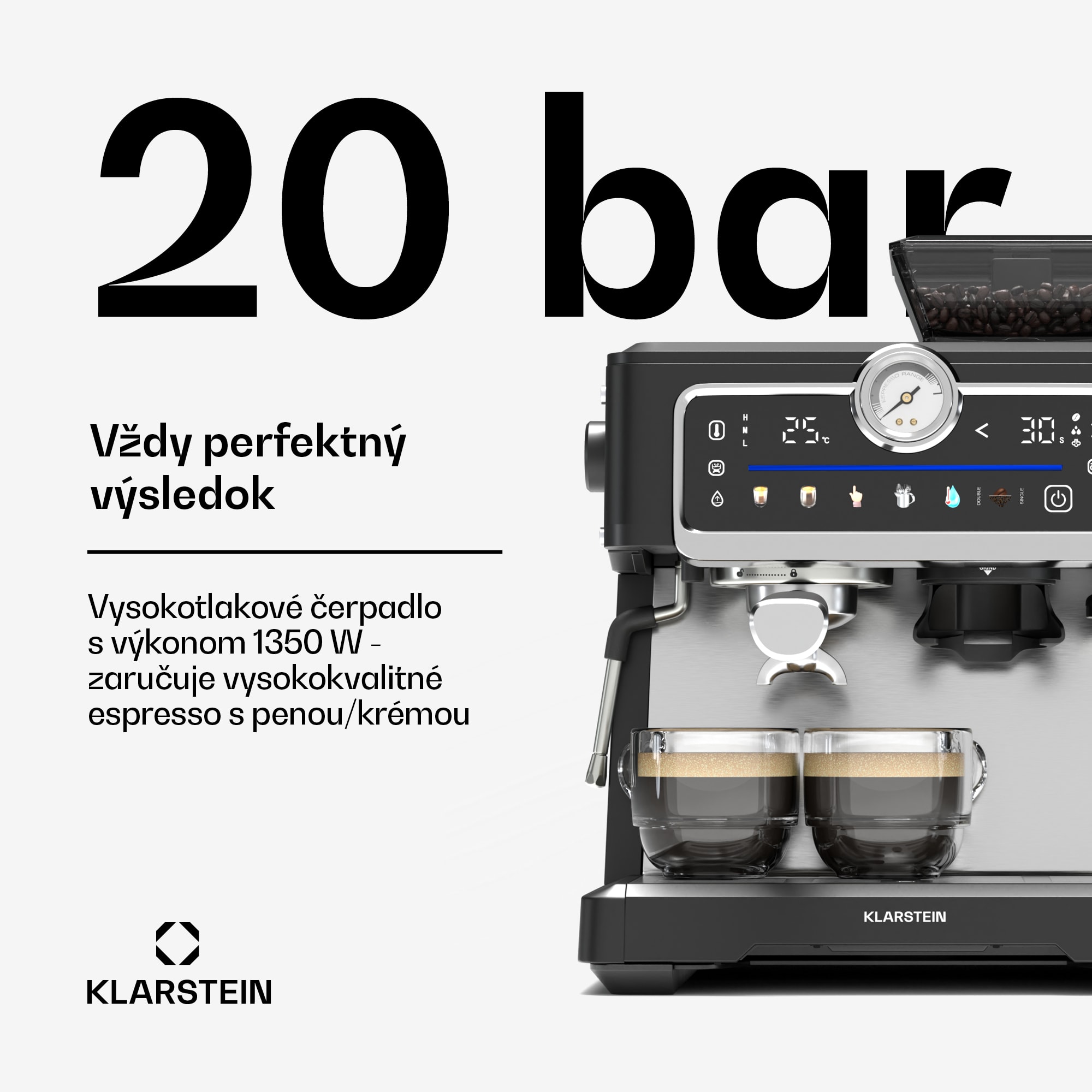 Klarstein GrandPresso Touch kávovar, 20 barov, integrovaný mlynček, indikátor tlaku, mliečna pena – Obrázok 3