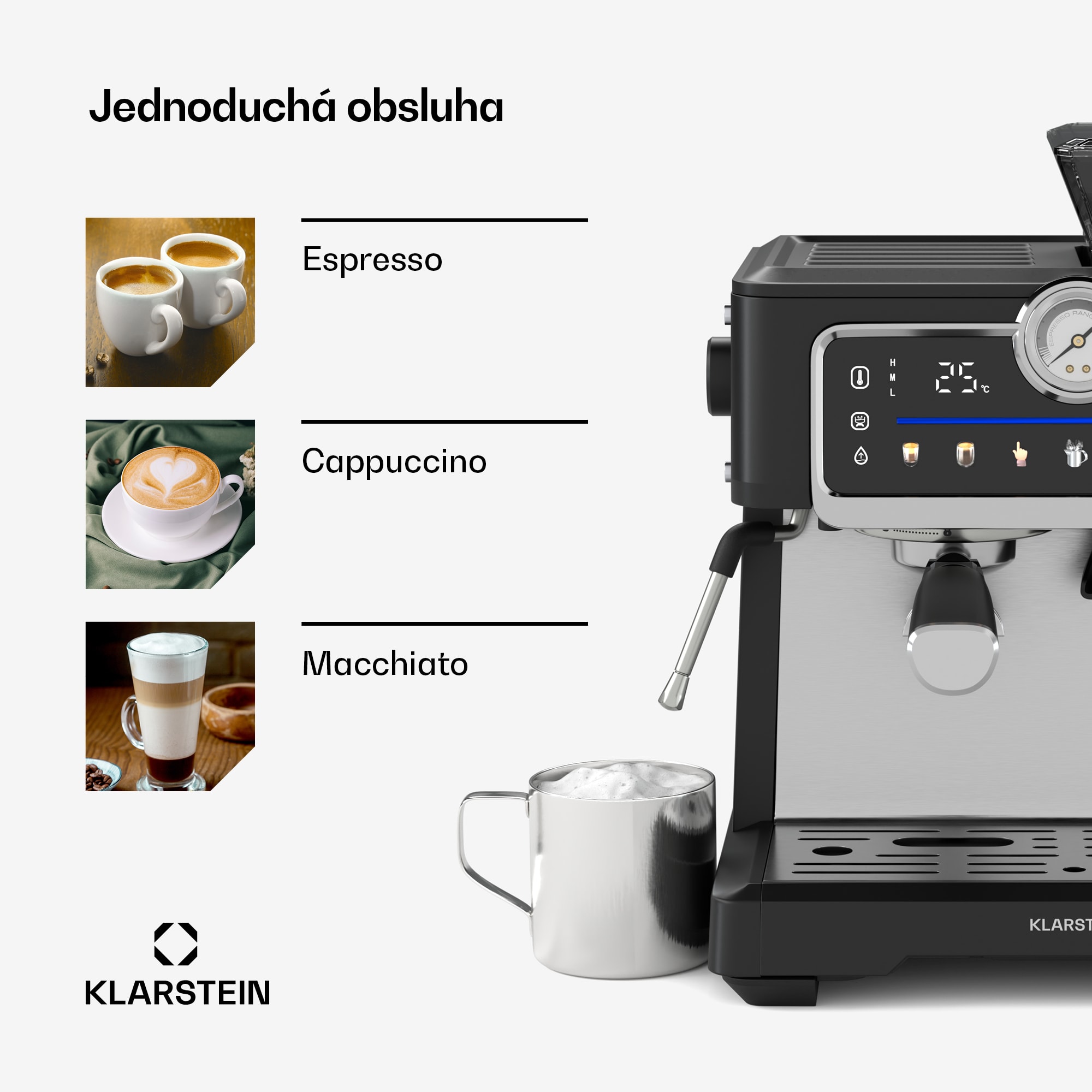 Klarstein GrandPresso Touch kávovar, 20 barov, integrovaný mlynček, indikátor tlaku, mliečna pena – Obrázok 4