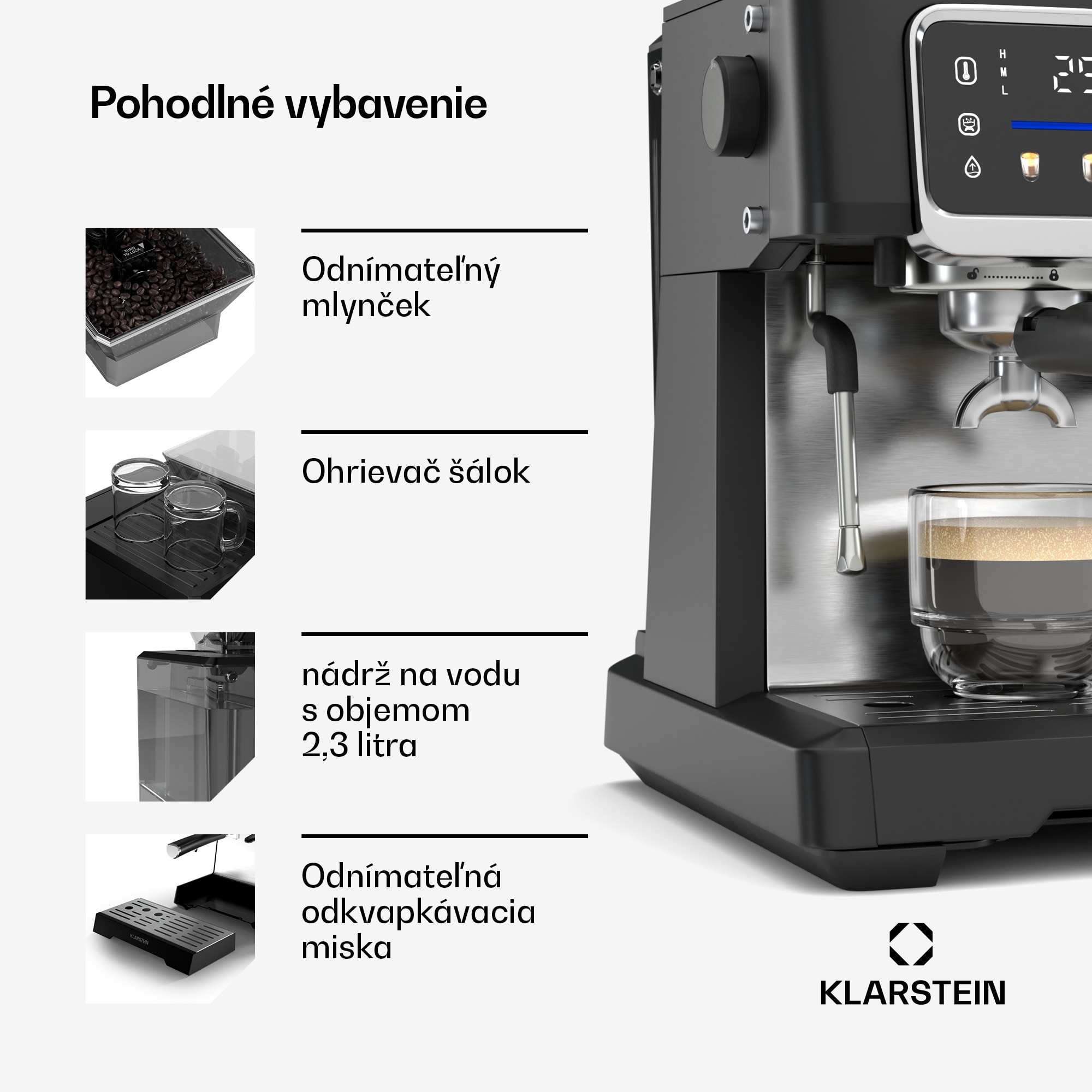 Klarstein GrandPresso Touch kávovar, 20 barov, integrovaný mlynček, indikátor tlaku, mliečna pena – Obrázok 5