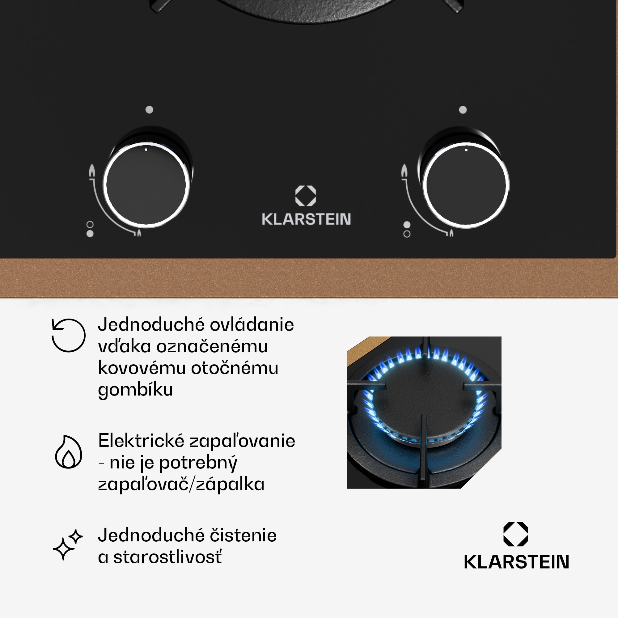 Klarstein Lumiflame plynová varná doska, 2 horáky, medený rám, elektrické zapaľovanie, výkon 4,2 kW – Obrázok 5