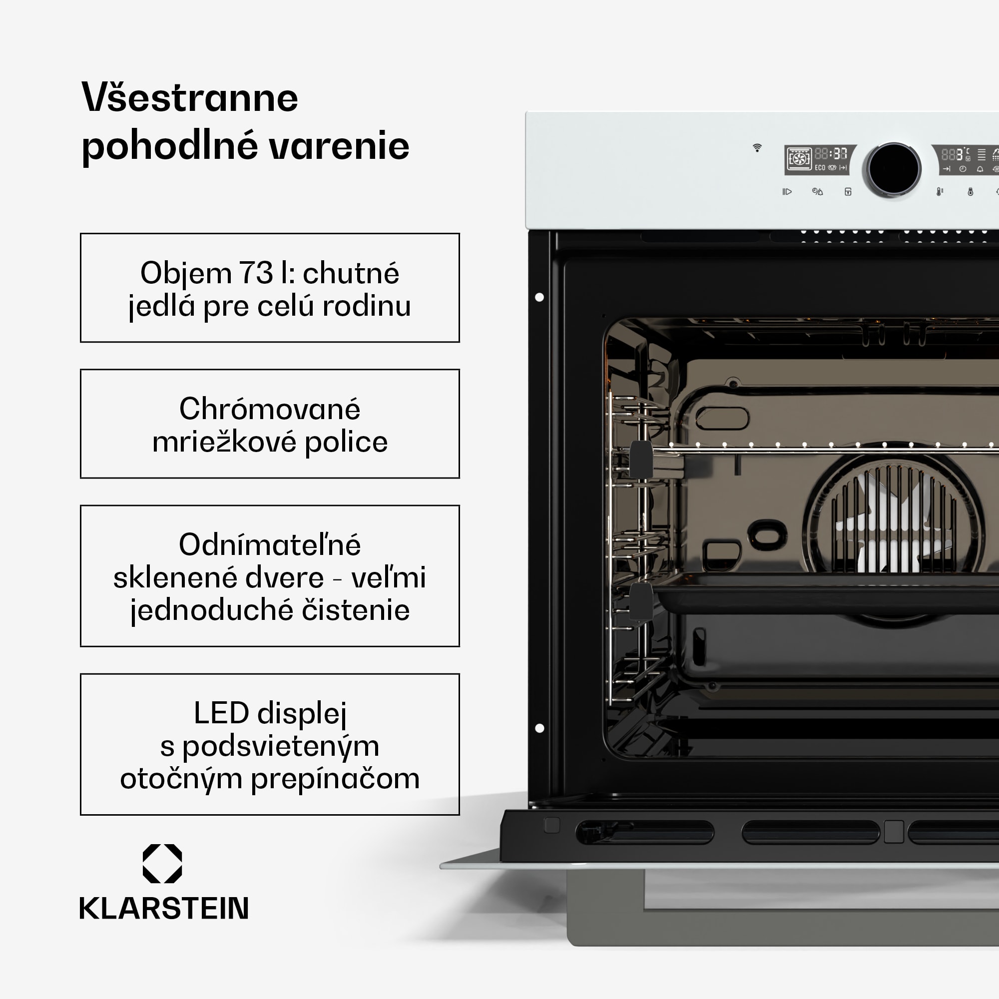 Klarstein Illuminosa inteligentná rúra, ovládanie pomocou aplikácie, Energetická účinnosť A, Kapacita 73 L, 11 Funkcií – Obrázok 3