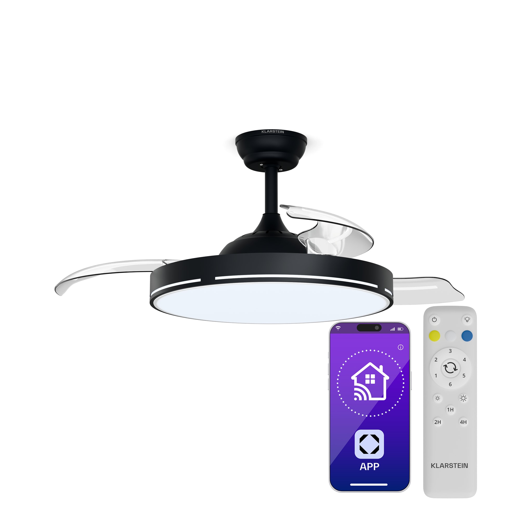 Klarstein AirFold | Inteligentný stropný ventilátor | Vysúvateľné lopatky | Stmievanie LED svetla | Smart